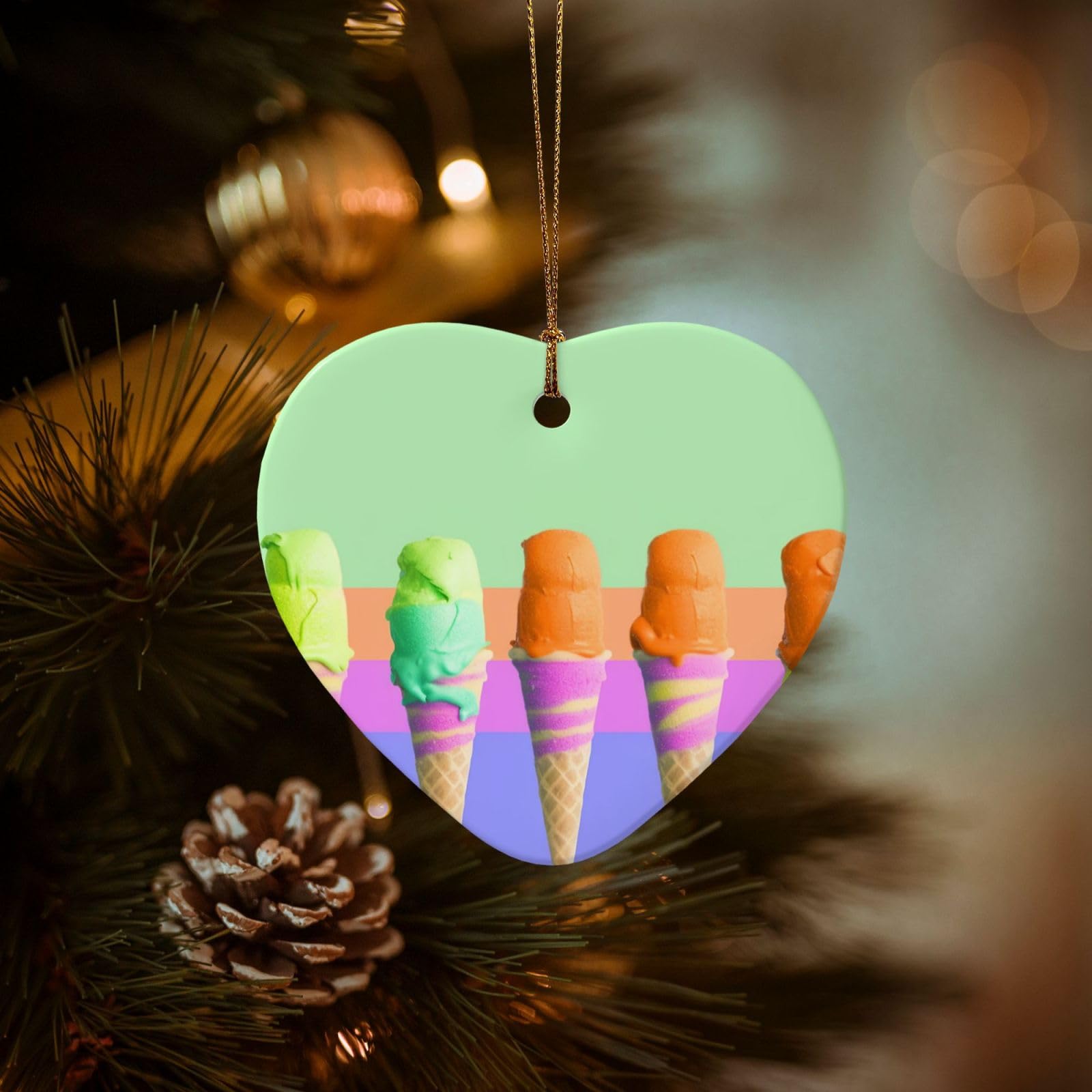Christmas Tree Ornaments Ceramics Christmas Decorations Ice Cream Rainbow Gradient Ornaments with Gold Ribbon Porcelain Xmas Tree Crafts Heart Shape Hanging Pendant for Christmas Tree Party Decor