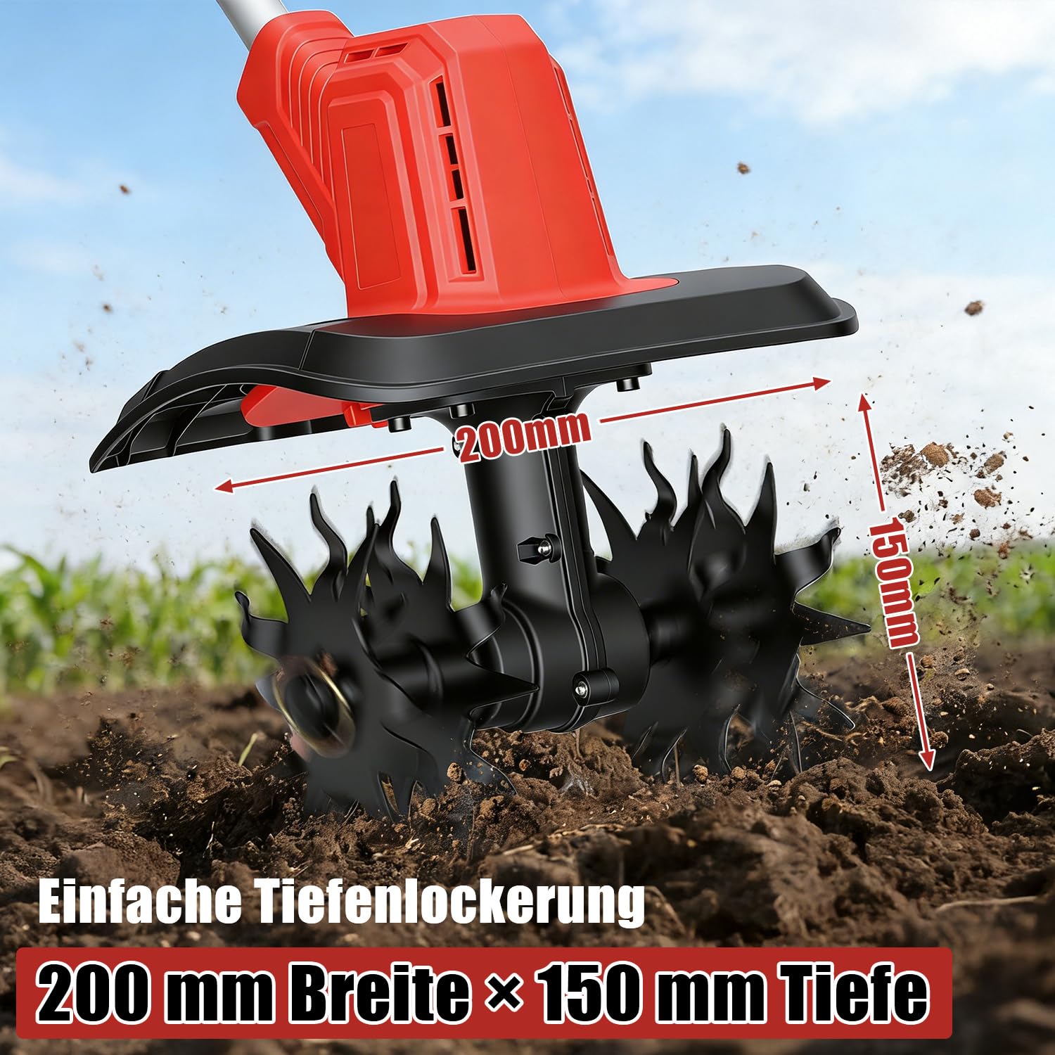 Fresa de jardín con batería de 21 V con 2 baterías de 3000 mAh, azada de 400 W, 20 cm de ancho de trabajo de 15 cm de profundidad de trabajo, fresadora plegable con 4 cuchillos, mango de 130 – 145 cm