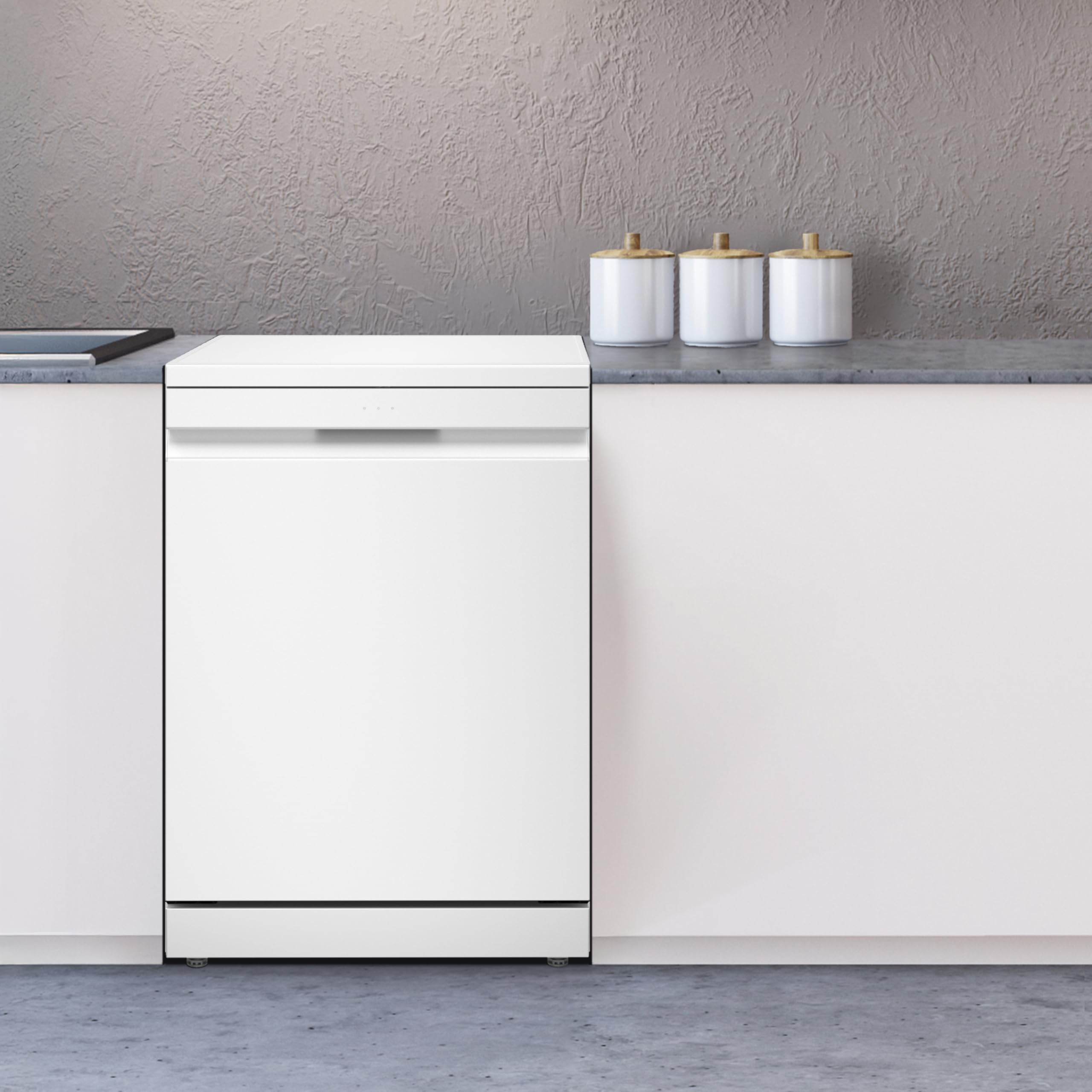 LG DF375HWS Lavastoviglie Libera Installazione Classe A, 14 Coperti, Lavaggio a Vapore TrueSteam, LED Esterno, Sistema QuadWash con 4 Bracci Irroratori, Serie 5, Auto-Apertura, 43dB, Wi-Fi, Bianco
