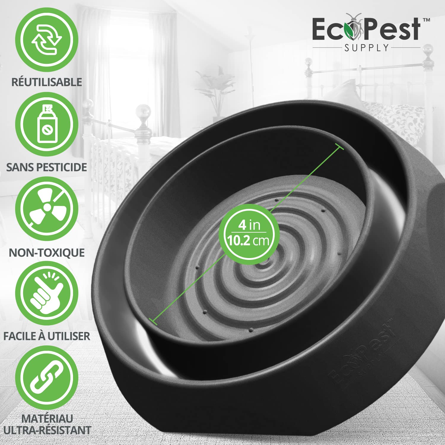 ECOPEST Intercepteurs Bed Bug Blocker XL Lot De 4 - Pièges à Punaises De Lit Extra Large Noirs, Détecteur Et Contrôle Efficace
