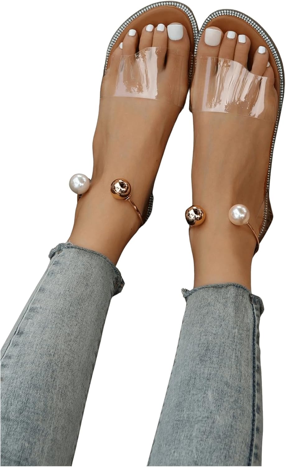 OYOANGLE Women's Pearl Decor Clear Straps Open Toe Flat Sandals Leather Outdoor Beach Sandals - Image 7