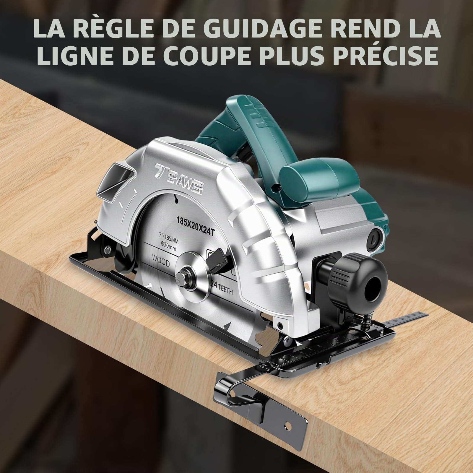 VOBOR Scie Circulaire 1200W 5200 RPM, Profondeur de Coupe Max 60 mm (90°) et 45 mm (45°), Lama 185 m, avec Lame au Carbure, Adaptateur d’aspiration, Butée Parallèle, Clé, pour Bois, PVC