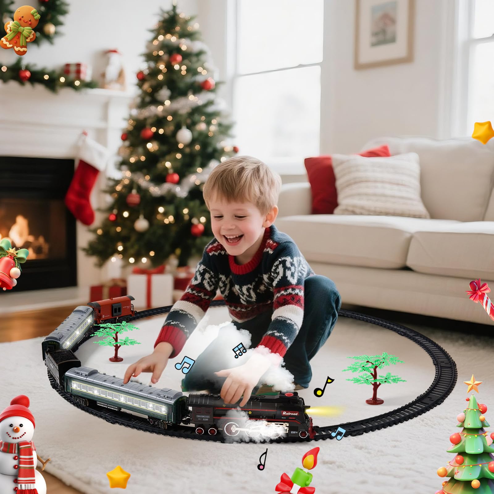 Giocattolo elettrico treno a vapore, giocattolo con rotaie, vapore, luce e suono, treno di Natale elettrico per bambini a partire dai 3 anni, treno di Natale intorno all'albero regalo per
