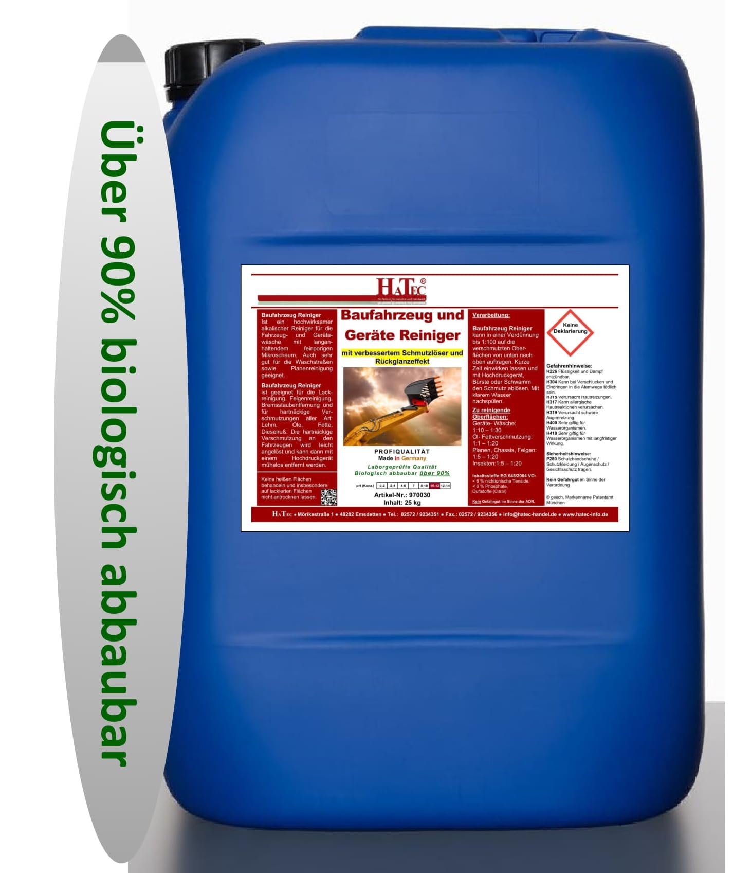 Baufahrzeug- und Geräte Reiniger 25kg, Baggerreiniger, Radladerreiniger, Staplerreiniger, Fahrzeugreiniger, Gerätereiniger, über 90% biologisch abbaubar, sehr Ölabscheiderfreundlich.