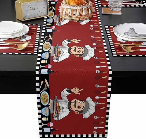 Manteles individuales con camino de mesa, camino de mesa de chef gordo y manteles individuales, juego de 6, decoración de granja de arpillera para