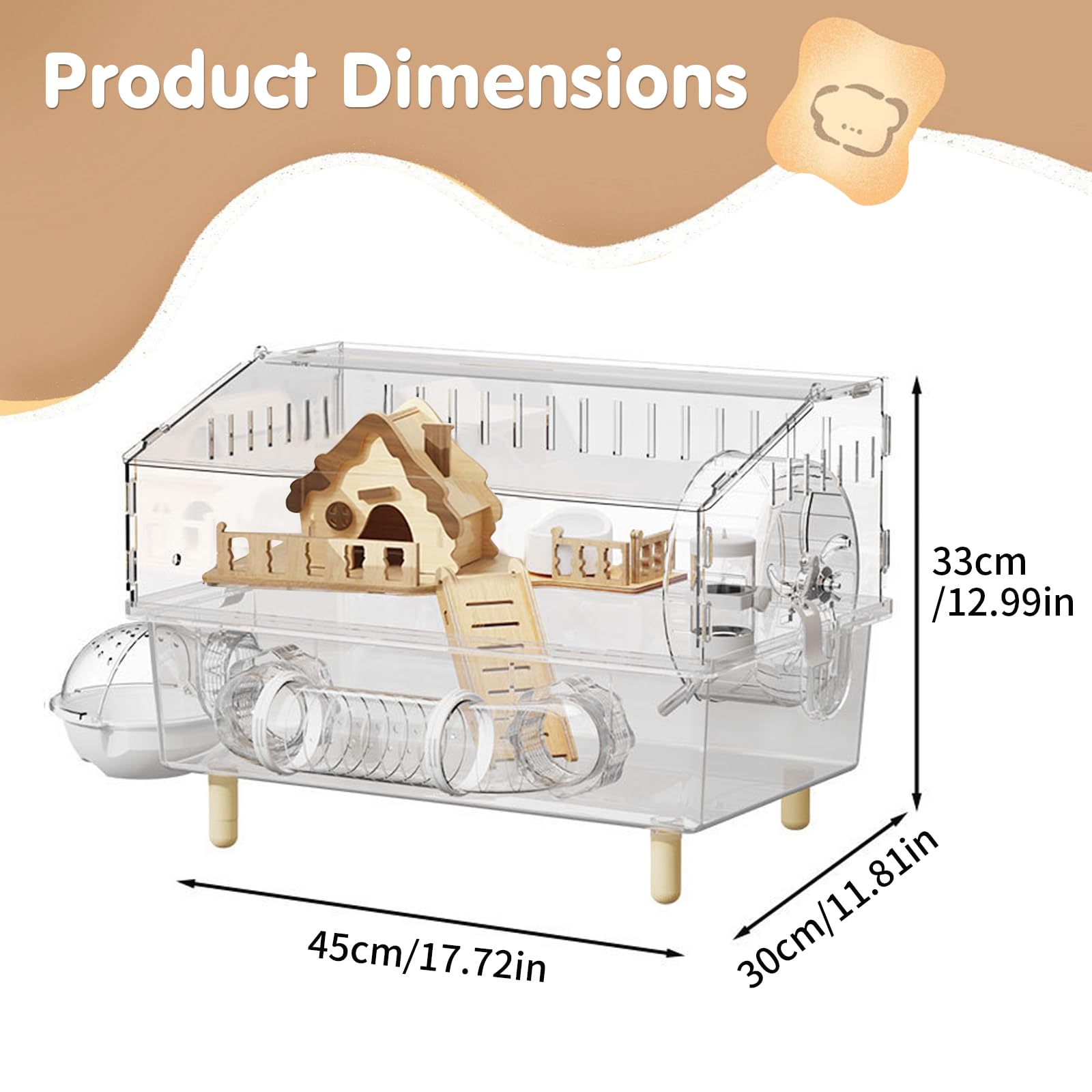 Gabbia per criceti in acrilico con accessori, trasparente gabbia per roditori 45×30×33 cm con ruota, tunnel, casetta in legno, abbeveratoio e ciotola per cibo – Grande gabbia per piccoli animali per