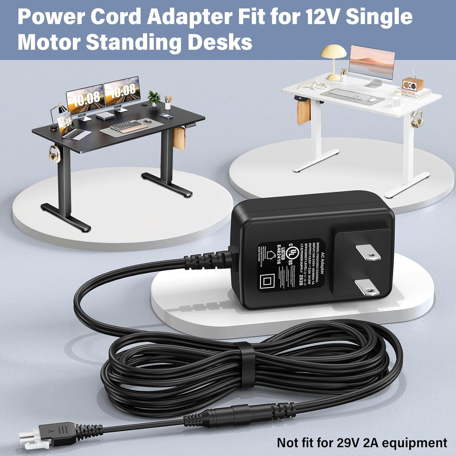 12V 24W Charger Replacement Compatible with Single Motor Standing Desk, Power Cord AC Adapter Fit for Adjustable Desk Standing Desk Motor Power Supply Charging Cable Plug