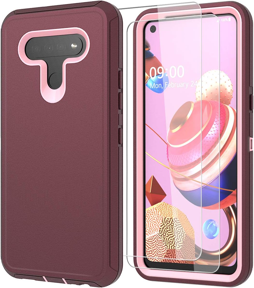 ONOLA Compatible with LG K51 Phone Case with HD Screen Protector (2 Packs),LG K51 Case Heavy Duty Protection Rugged Shockproof Dust Proof 3-Layer Durable Phone Case for LG K51 (WineRed-Pink)
