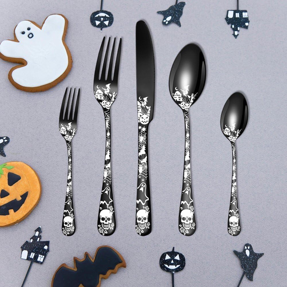 20-pcs Flatware Set, Gothic Skull Silverware Set for 4, Skeleton Flower Unique Pattern Design, Knives/Forks/Spoons Cutlery Set Halloween Event Tableware Utensils, Black