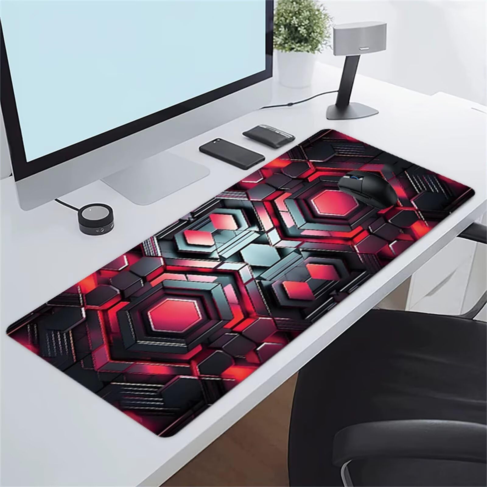 Alfombrilla Ratón XXL Geométrico Negro y Rojo Grande Gaming Mouse Pad 700x400x3mm,Lavable,con Base de Goma Antideslizante Alfombrilla Escritorio para Oficina,Estudio,Juegos