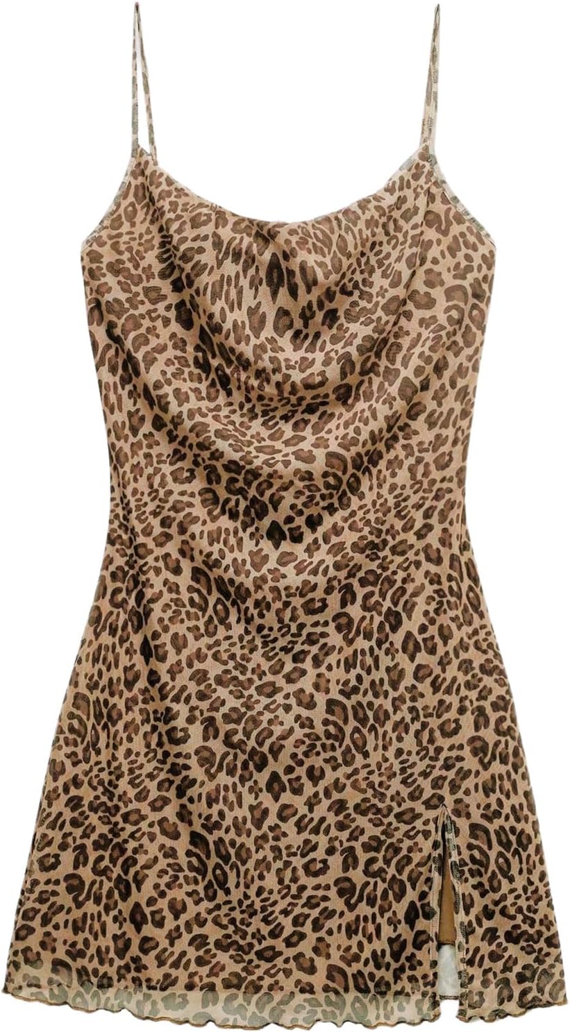SweatyRocks Women's Draped Leopard Print Mini Dress Split Sleeveless Spaghetti Strap Y2K Dresses
