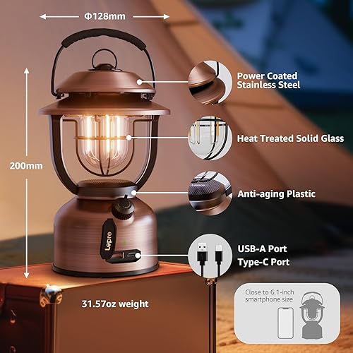 Miniatura 4 de Lepro Linterna LED retro clásica para campamento, altos lúmenes, luz blanca diurna de 2500 K y 5000 K, regulable, recargable por USB, impermeable
