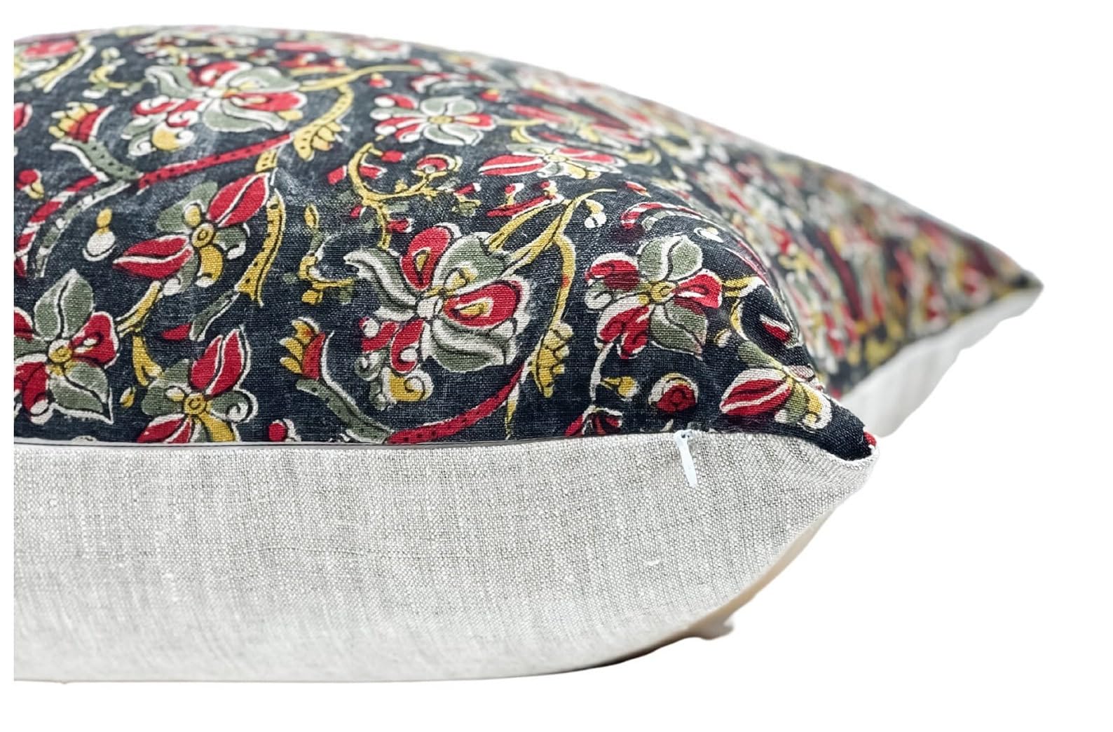 Krinto Black and Coral Floral Design on Natural Linen Pillow Cover, Black and Red Pillow Cover, Boho Pillow, Farmhouse Pillow, Floral Pillow (Black,Red, Olive and Mustard., 24