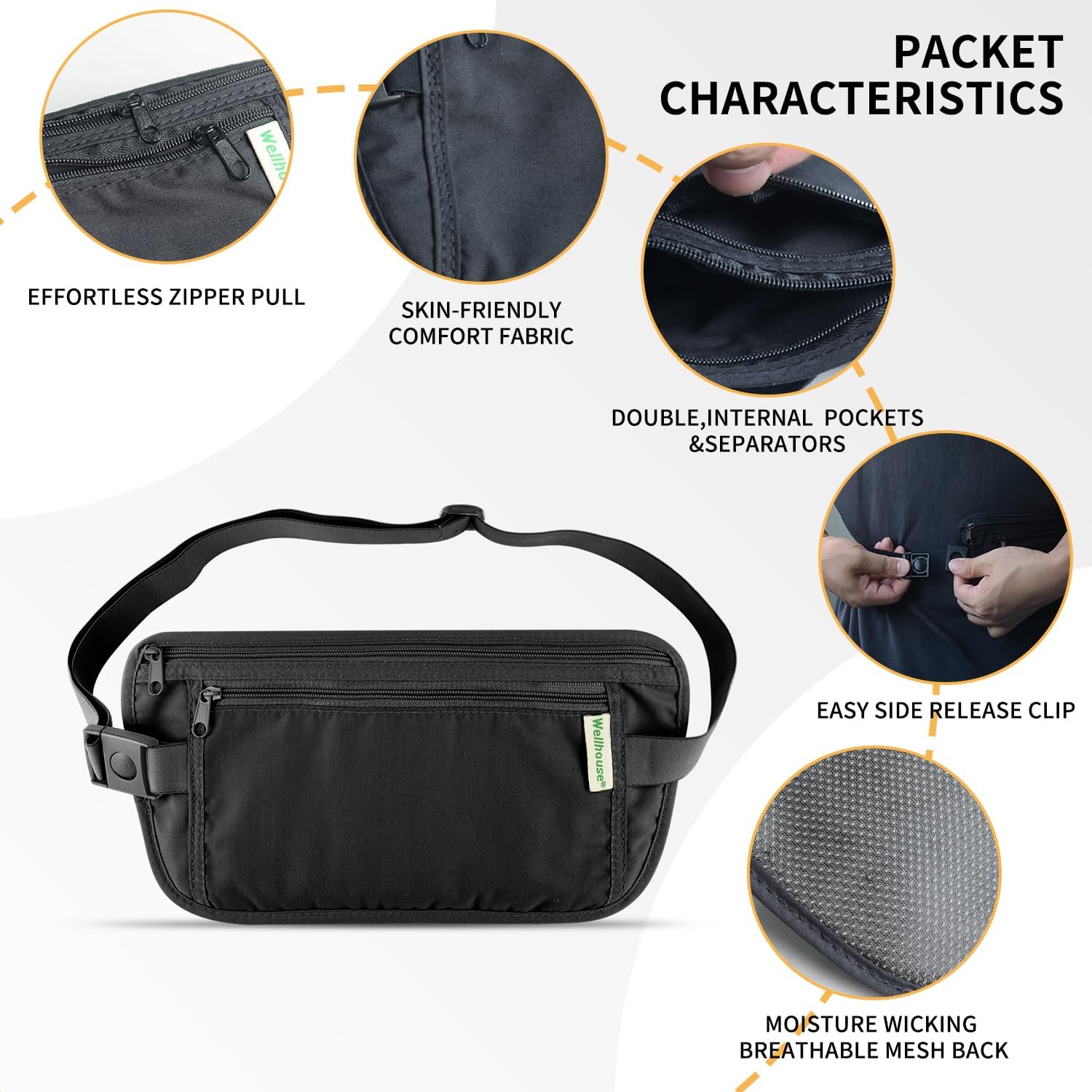 Money Belt for Men & Women, Hidden Passport Holder for Travel, 2-Compartment Anti Theft Travel Fanny Pack with Upgraded Reinforced Zipper, Slim Waist Pouch for Trip, Flight, Vacation, Gift (Black-L) image 4