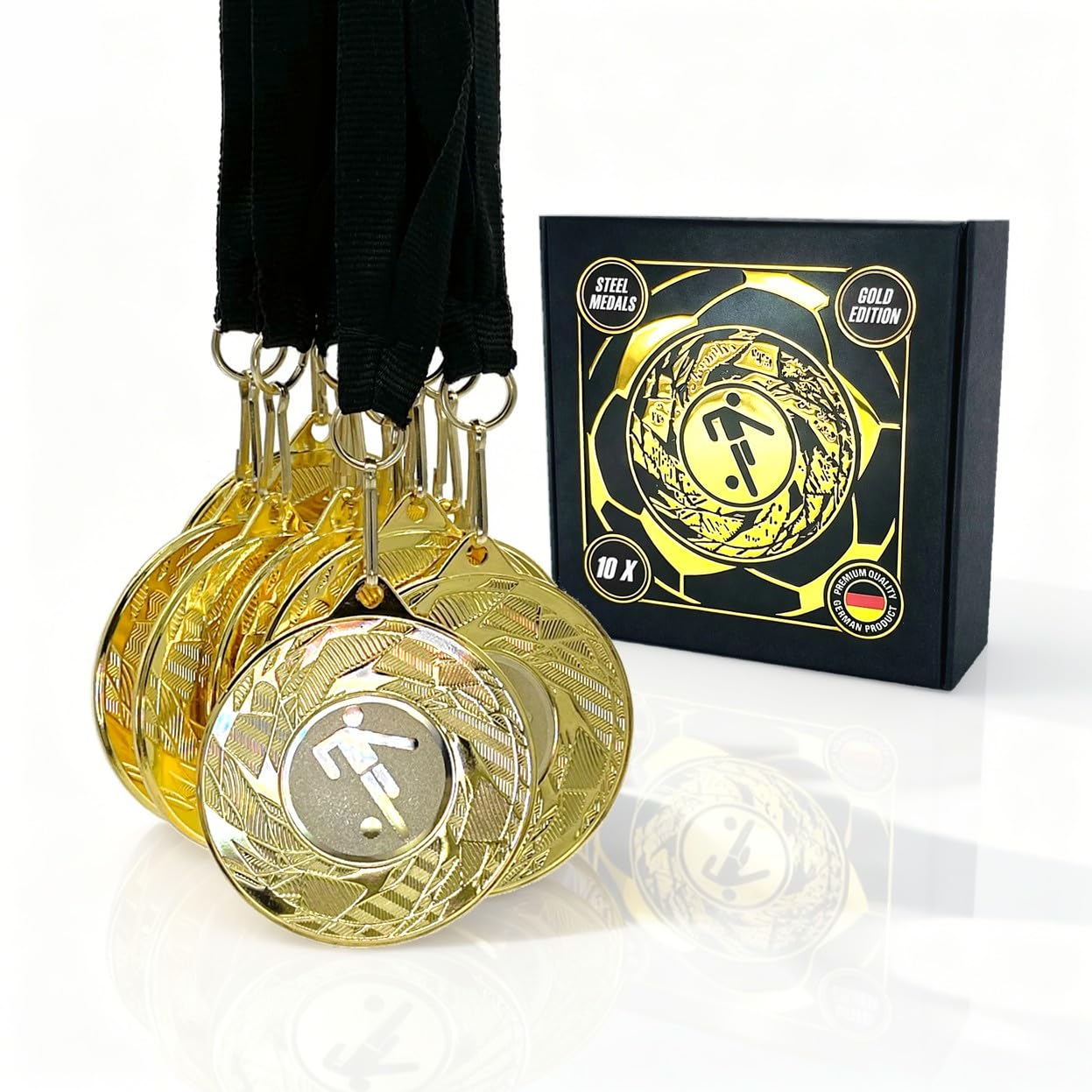 eve-nt Fußball Medaillen Set - 10/20/30/50/100 Stück - Durchmesser 50 mm goldfarben - Metall Medaillen mit schwarzem Band - Sieger Auszeichnung für Fußballturniere & Sport