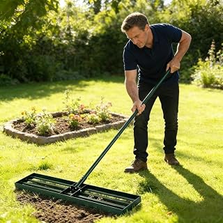 36-Inch Rolling Lawn Aerator & Leveler | Heavy-Duty Corrosion-Resistant Metal Rake | Adjustable 66.5" Handle for Soil, Sand, and Turf Care | Large Garden Tool for Yard Leveling and Dethatching