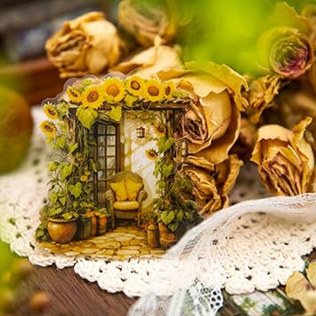 60PCS Vintage Scrapbooking Supplies, Flower Window Scrapbook Stickers Aesthetic Paper for Journaling Book Plant Sofa Cozy House Collage Decoupage Decorative Stickers for Junk Journal Gift Craft