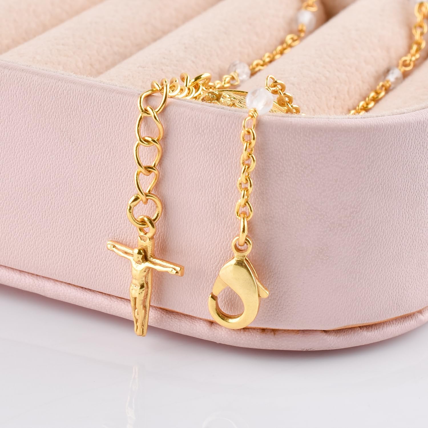 InfinityGemsArt Gemstone Bracelets For Women Birthstone Jewelry Micro Beads Crystals and Healing Stones, Virgin Mary Jesus Christ Cross Charm Bracelet, 18K Gold Plated Chain 8 inch