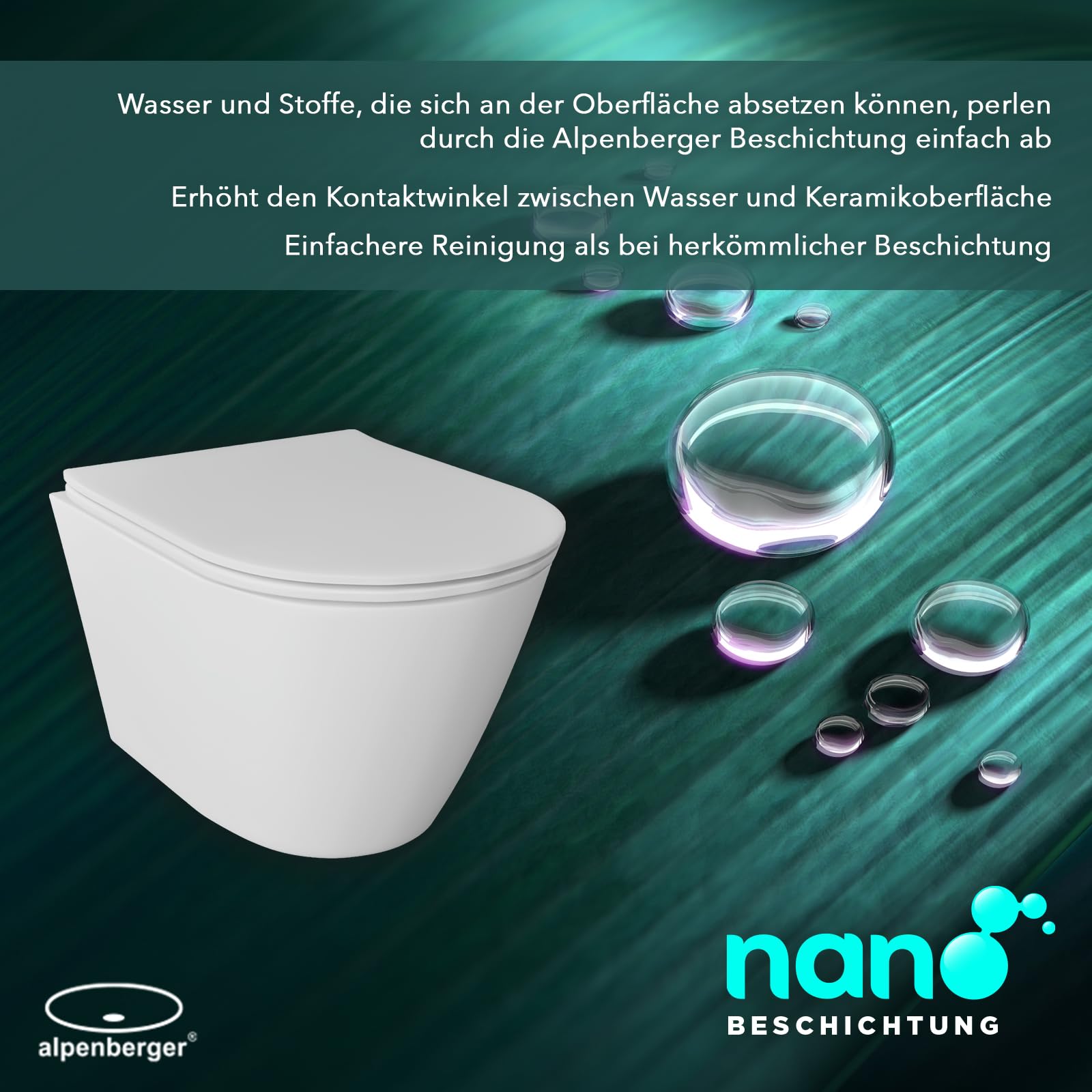Alpenberger Wand WC Spülrandlos | Hänge WC Komplettset aus Kloschüssel und WC Sitz mit Absenkautomatik | Toilette mit Nano Beschichtung | Passend Geberit
