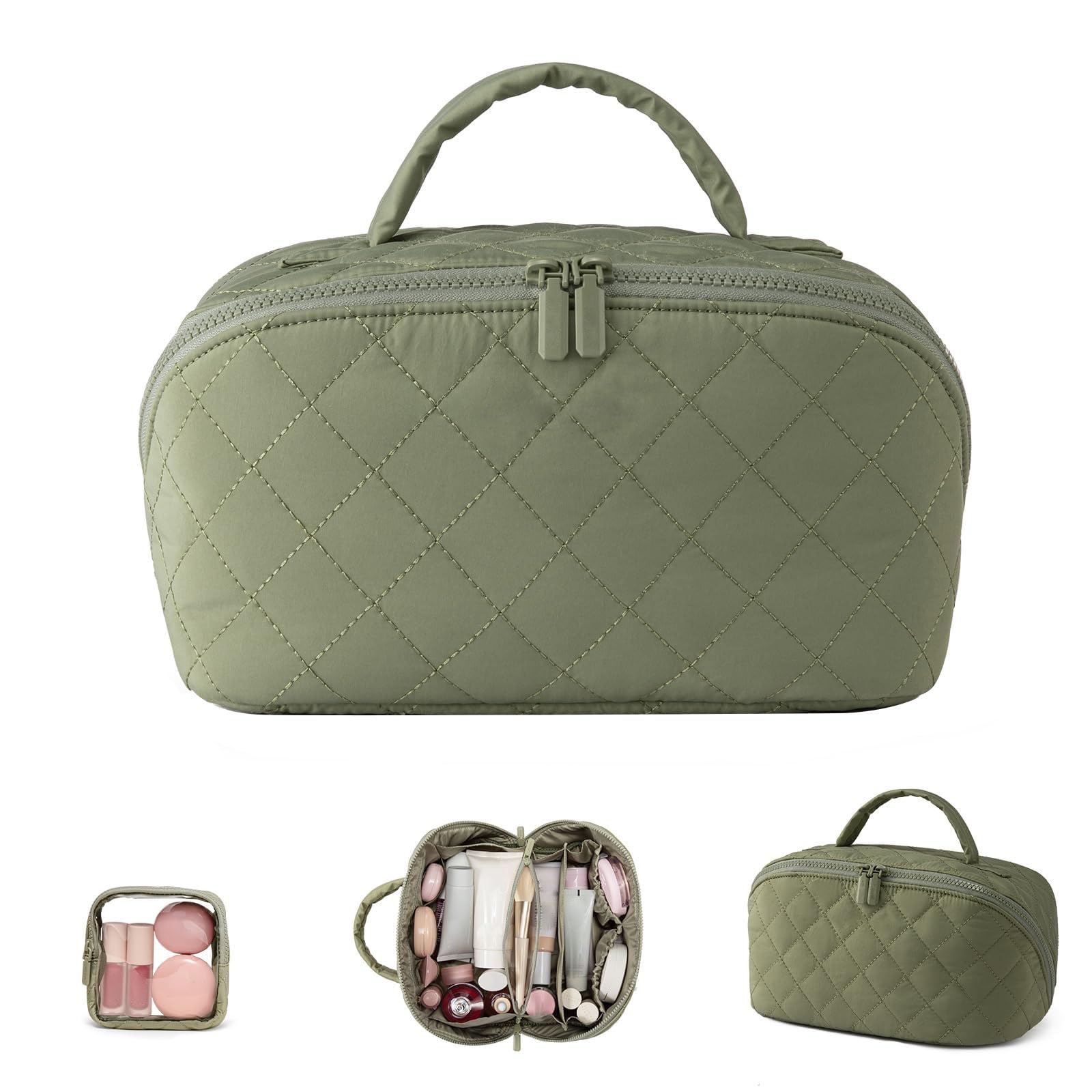 Reise-Make-up-Taschen-Set, 2-teilig, großes Fassungsvermögen, wasserdicht, Kosmetik-Organizer mit Pinselfach und Griff, gesteppter Kulturbeutel, lässt sich flach öffnen, für Damen