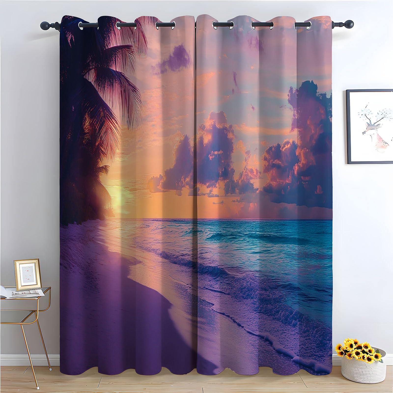 WIKEO Floral Curtains Sunset Beach Scenery Forest Printed Room Darkening Curtain for Bedroom, Privacy Eyelet Thermal Insulated Green Curtain for Girls Room-52 W x 96" L (Pack of 2)