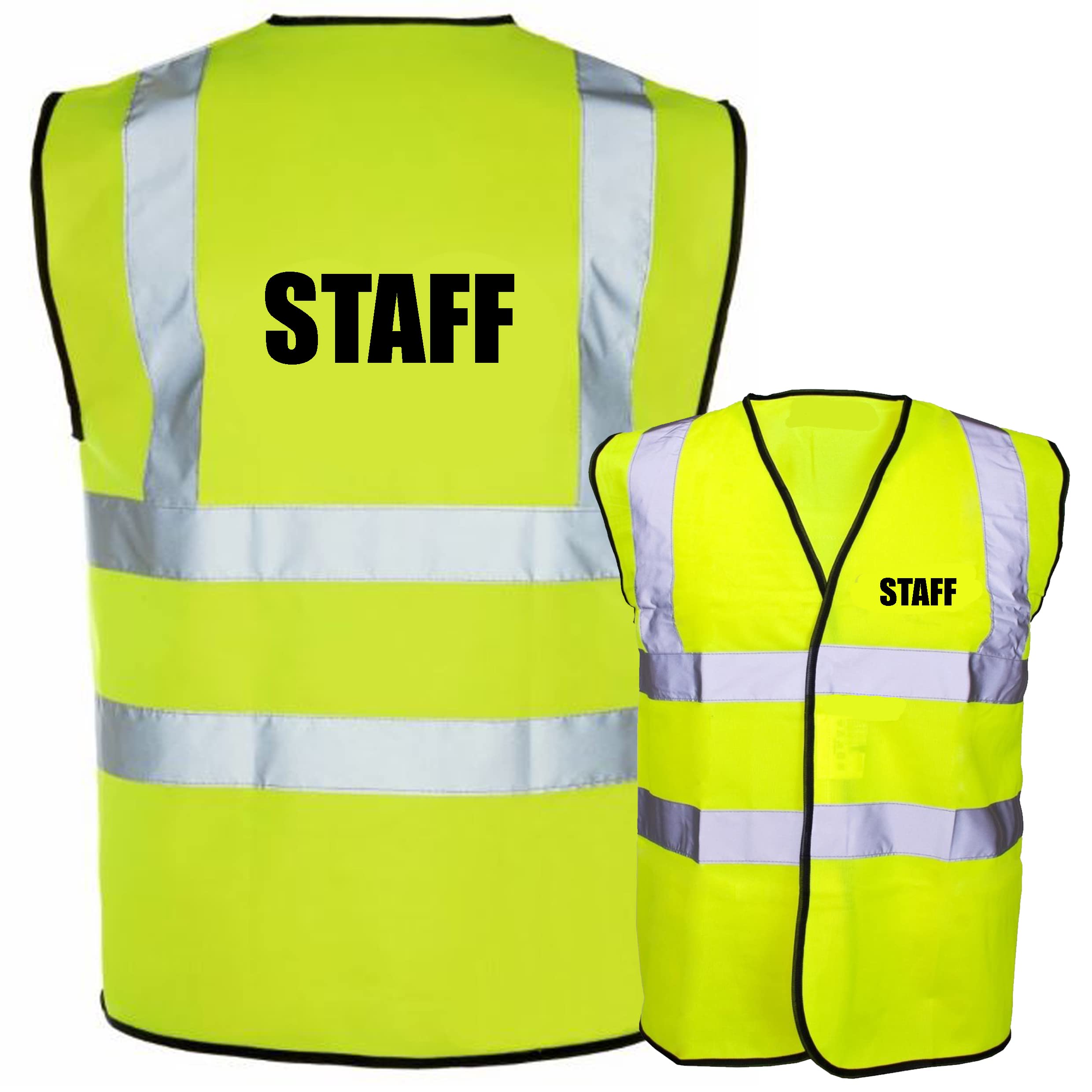 STAFF Printed in Black text on Hi Vis Safety Vest Hi Viz Waistcoat Supplied by Simply Hi Vis Clothing UK