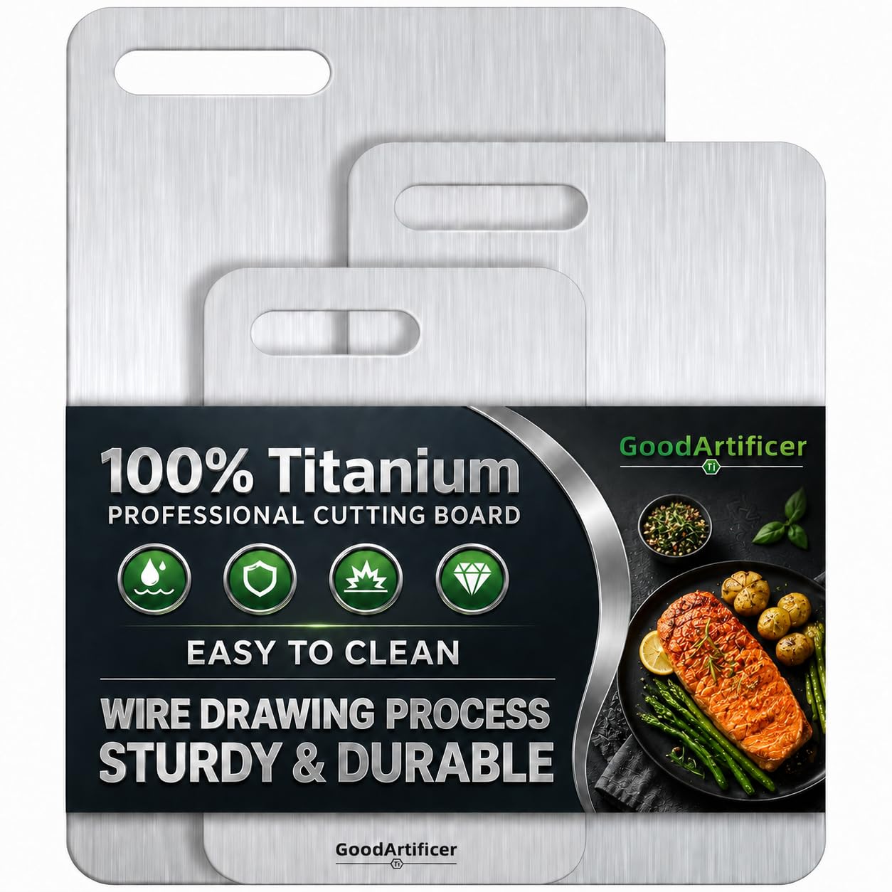 Photo 1 of 100% Pure Titanium Cutting Board for Kitchen, Double-Sided Non-Toxic Titanium Cutting Boards Dishwasher Safe Silver S/M/L Size Set, Great for Slicing & Dicing All Kinds of Meats Full-size