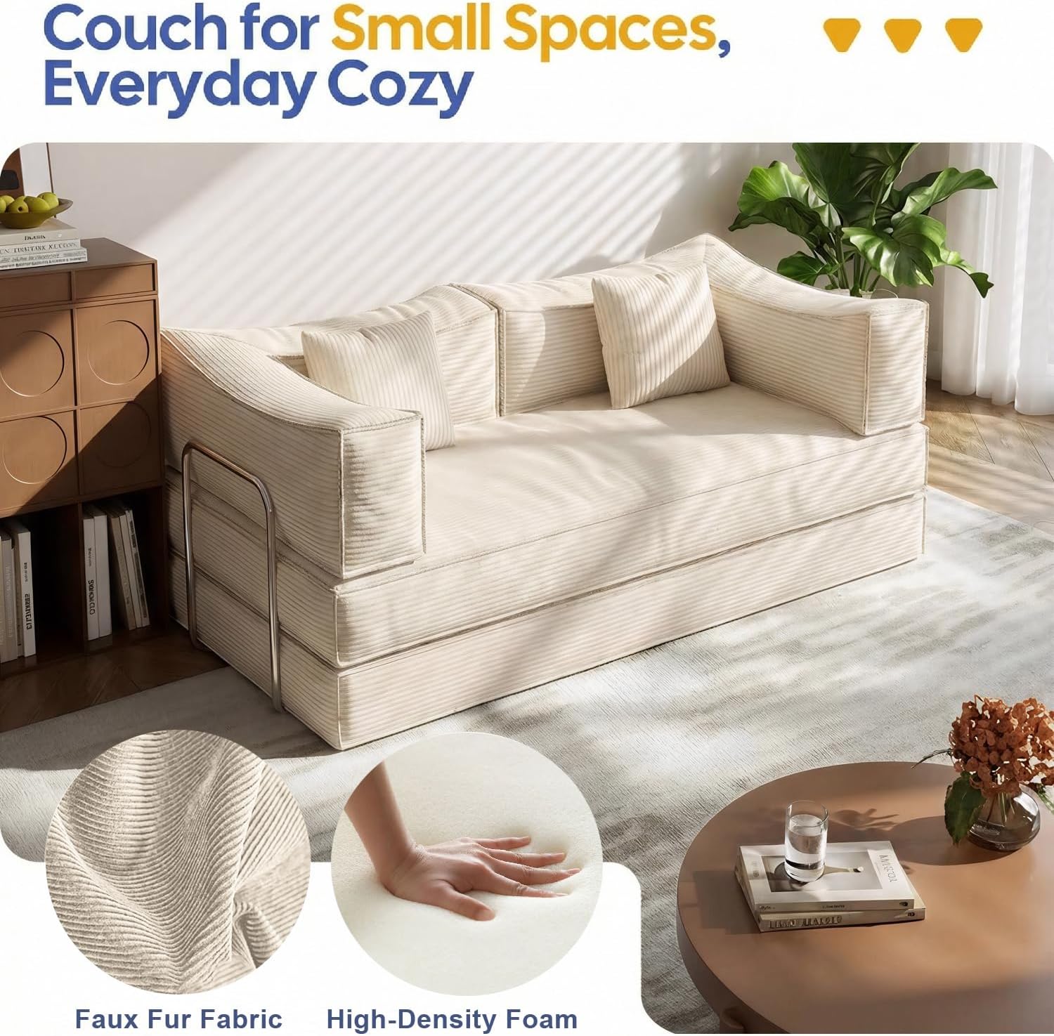 79" Convertible Sleeper Sofa Bed, 3-in-1 Folding Floor Couch with 3 Pillows, Modern Corduroy Armless Loveseat for Small Spaces, No Assembly Required, Beige