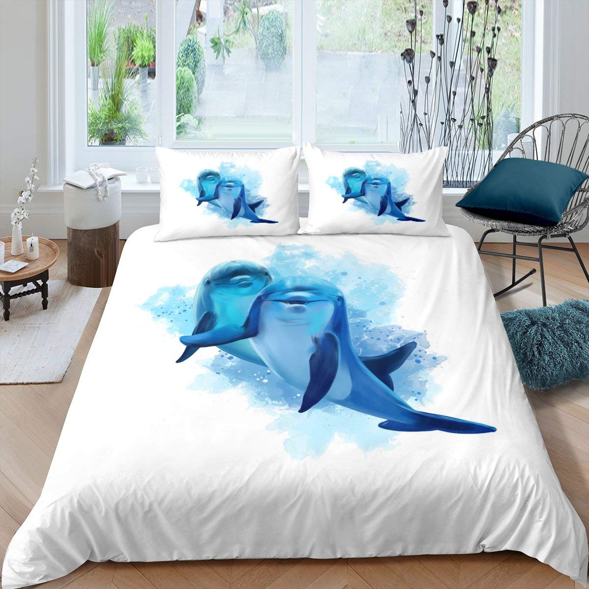 Copripiumino Matrimoniale 2 Pezzi Con Pesci E Acquerello Blu, Set Letto Morbido Per Bambini E Ragazzi, Idea Regalo Originale