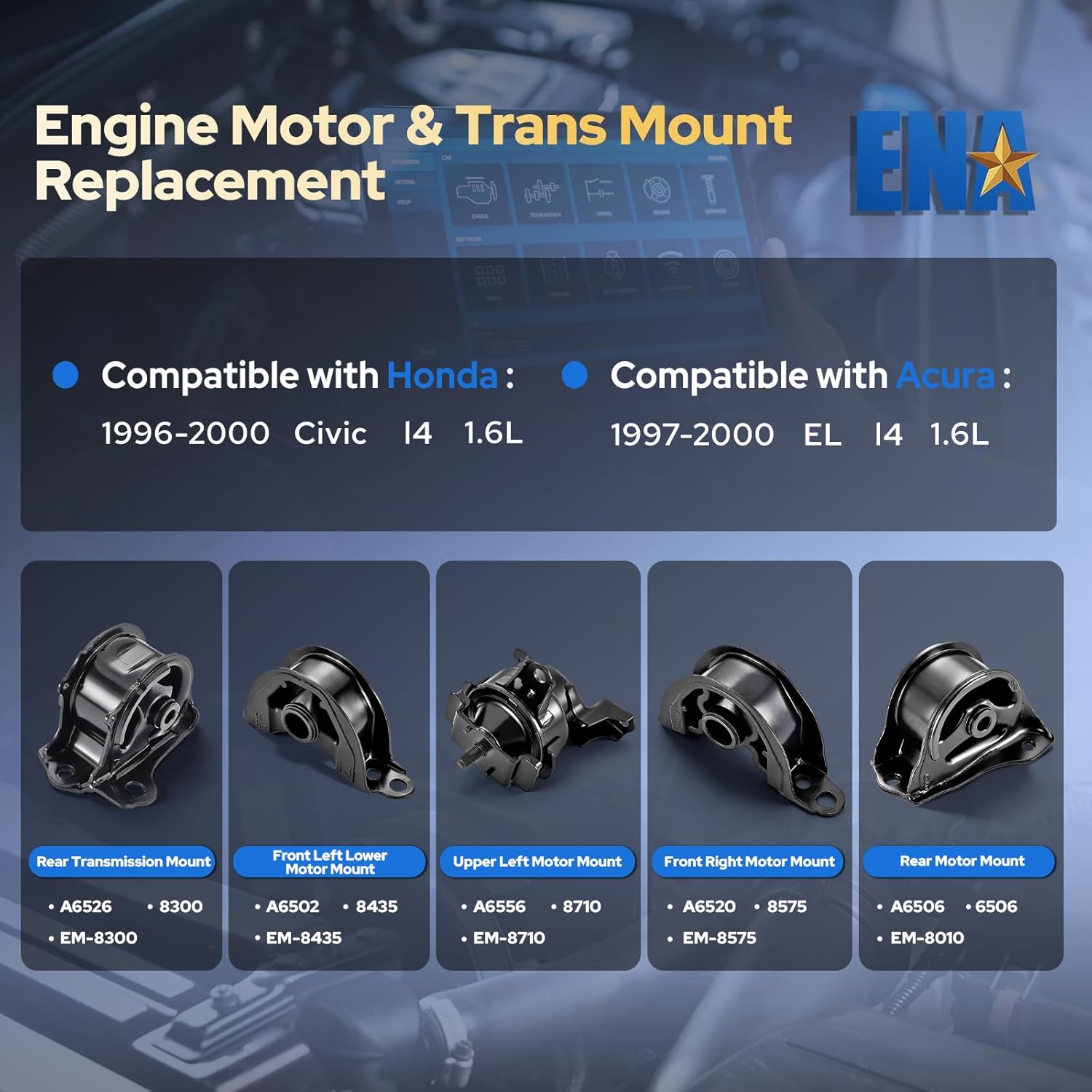 ENA Engine Motor Transmission Mount Set of 5 Compatible with Honda 1996 1997 1998 1999 2000 Civic 1.6L Front Rear Replacement for A6520 A6502 A6556 A6506 A6526