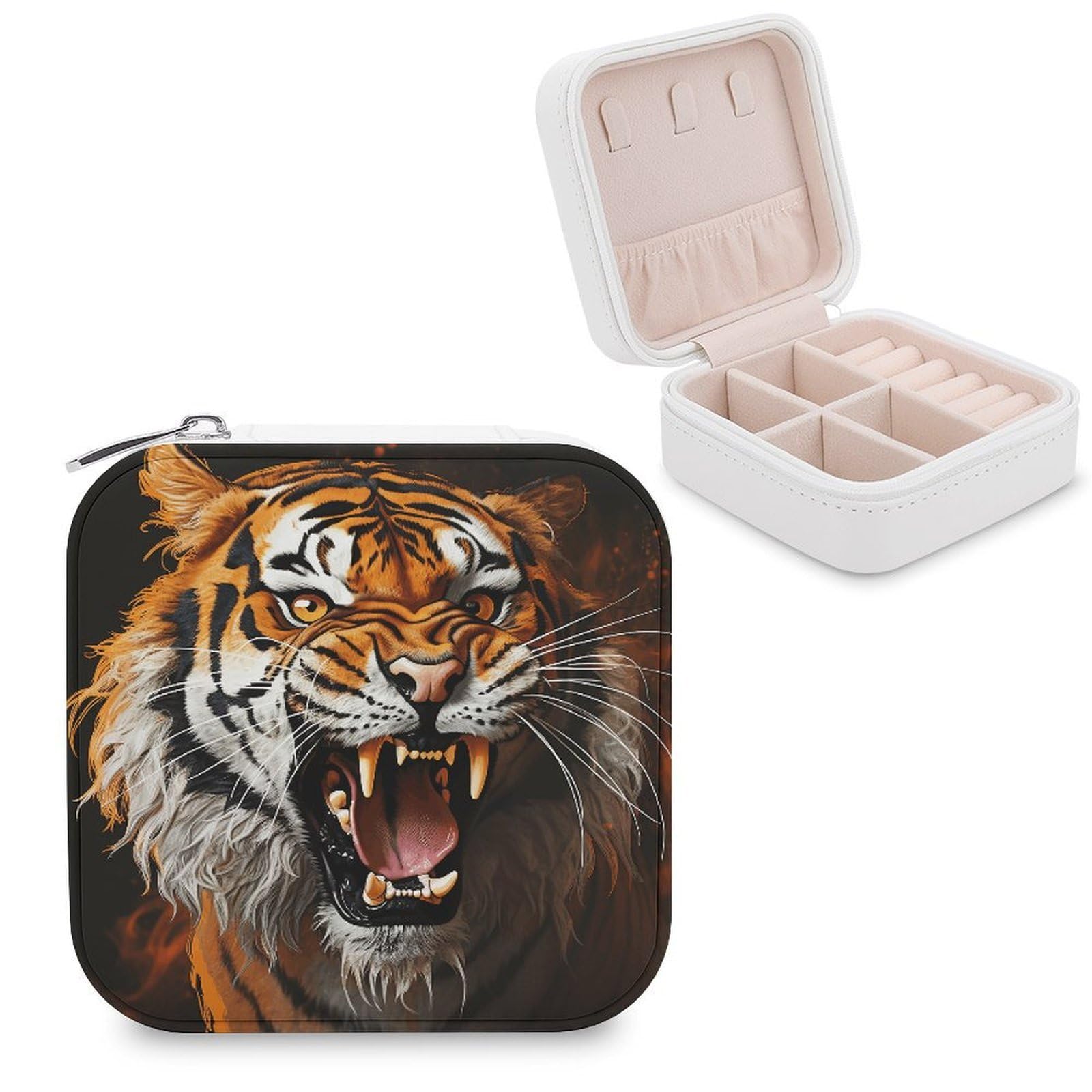 VstaDank Roaring Tiger Travel Jewelry Case Small Portable Jewellry Organizer Box PU Leather Organizer Boxes Personalized Jewellery Storage Holder Gift for Womens Rings Earrings