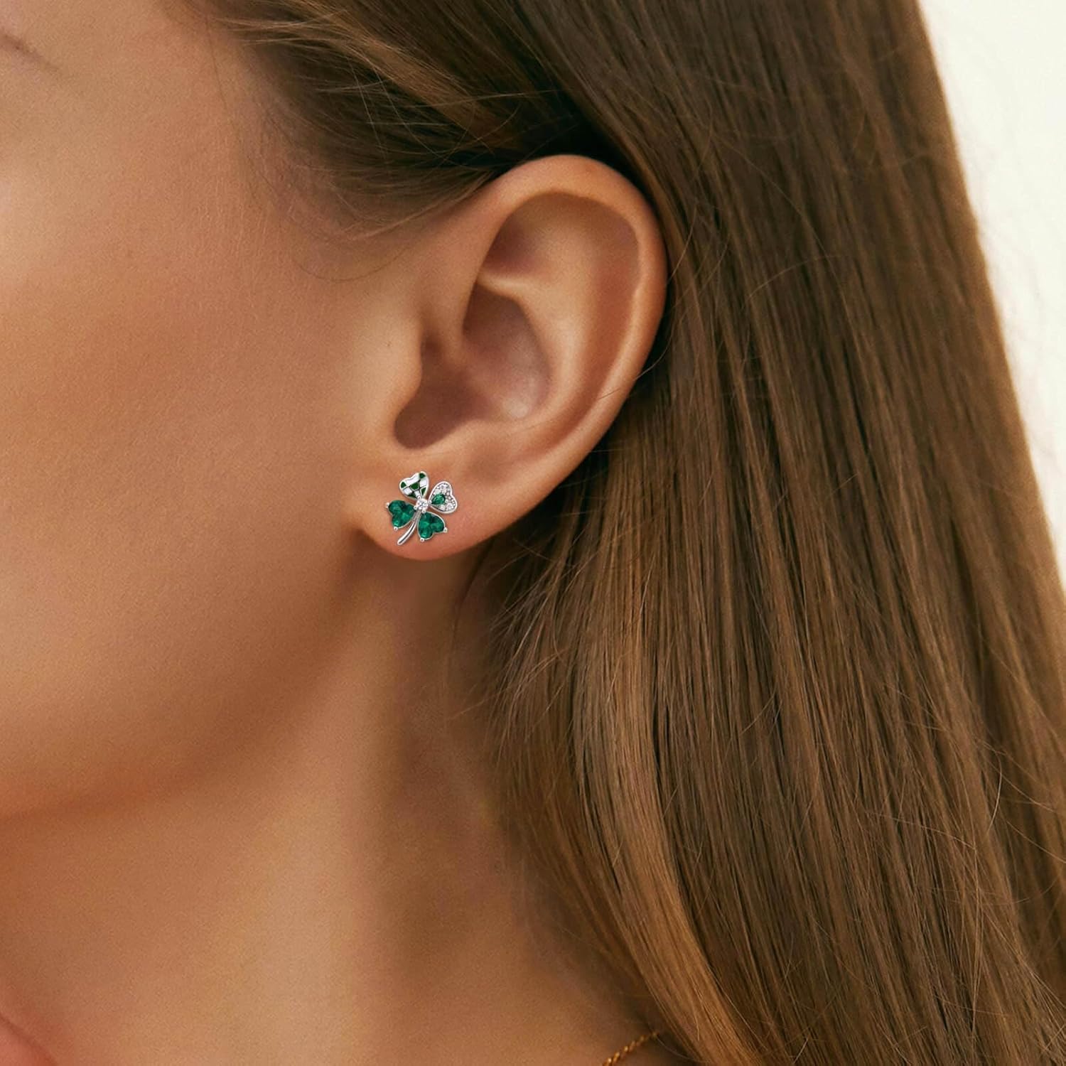 Sterling Silver Four Leaf Clover Earrings Irish Green Shamrock Heart Piercing Stud St Patricks Day Jewelry Gift for Women