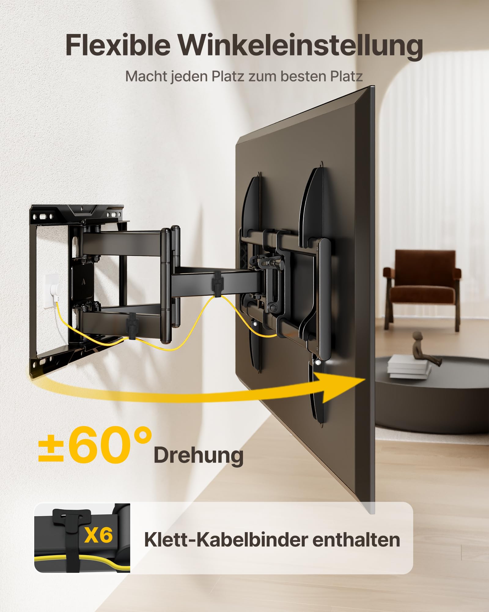 monTEK Vollbewegliche TV Wandhalterung für 37–90 Zoll Fernseher bis 75 kg | Werkzeuglose Neigung, Schwenkbar Wandhalterung Fernseher mit Doppelten Gelenkarmen, Ausziehbar, Stabile, Max. VESA 600x400 mm