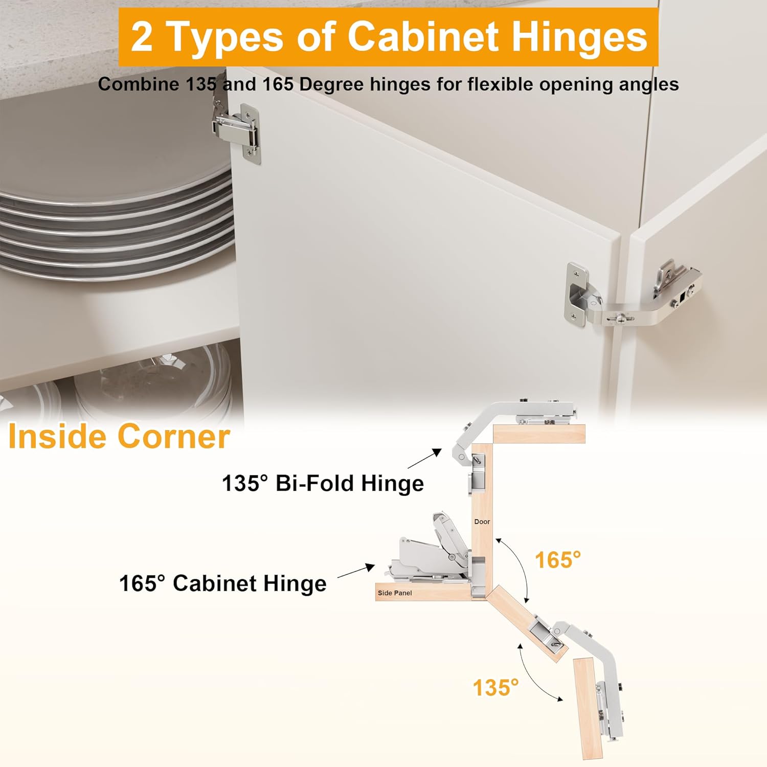 2 Pairs(4 Pack) 135 Degree & 165 Degree Lazy Susan Hinges, Soft Close Concealed Corner Cabinet Hinges with Clip-On, Mepla Cabinet Hinges for Bi-Fold Doors–Ideal for Face Frame Kitchen Cabinets