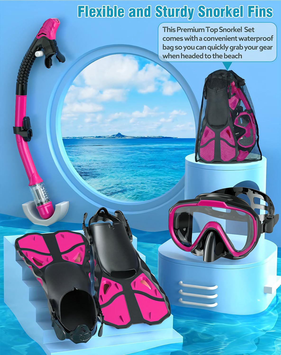 Set di boccaglio con pinne per adulti, uomini e donne, boccaglio, set di maschere da snorkeling per adulti, set combinato con borsa da viaggio per lo snorkeling, il