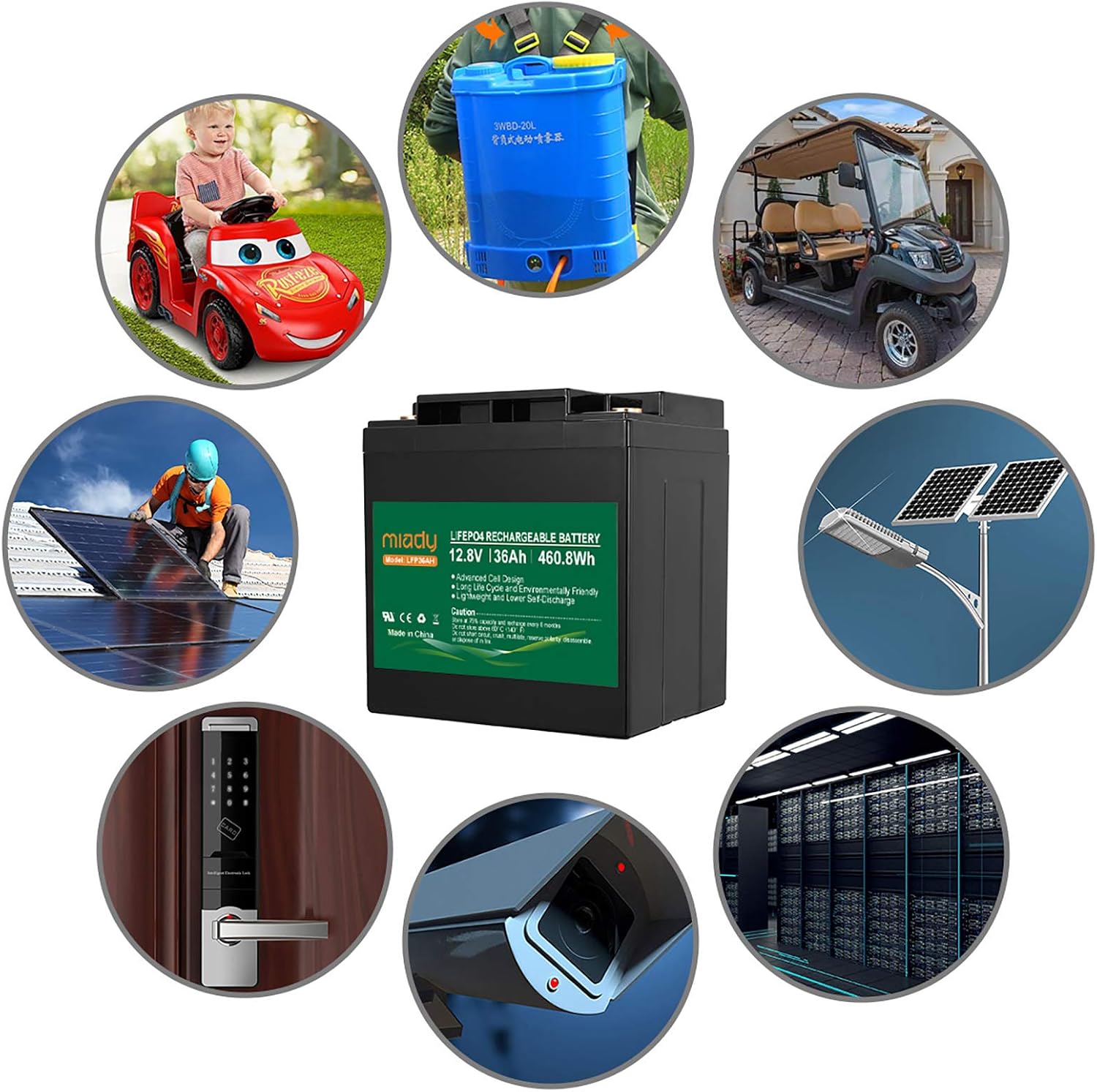 Miady 12V 36Ah Lithium Phosphate Battery, Over 2000 Cycles Lightweight LiFePO4 Battery, Replacement Battery for Solar Power, RV, EV and Marine Applications