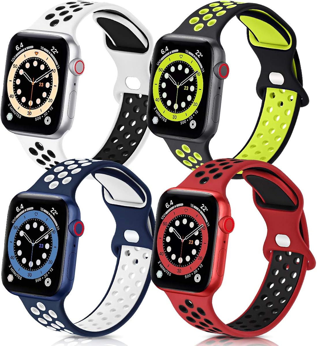 GROGON Compatible with Apple Watch Bands 44mm 42mm 45mm 41mm 40mm 38mm for Men Women, 4 Pack Silicone Sport Waterproof Breathable Soft Replacement Strap for iWatch SE Series 7/6/5/4/3/2/1