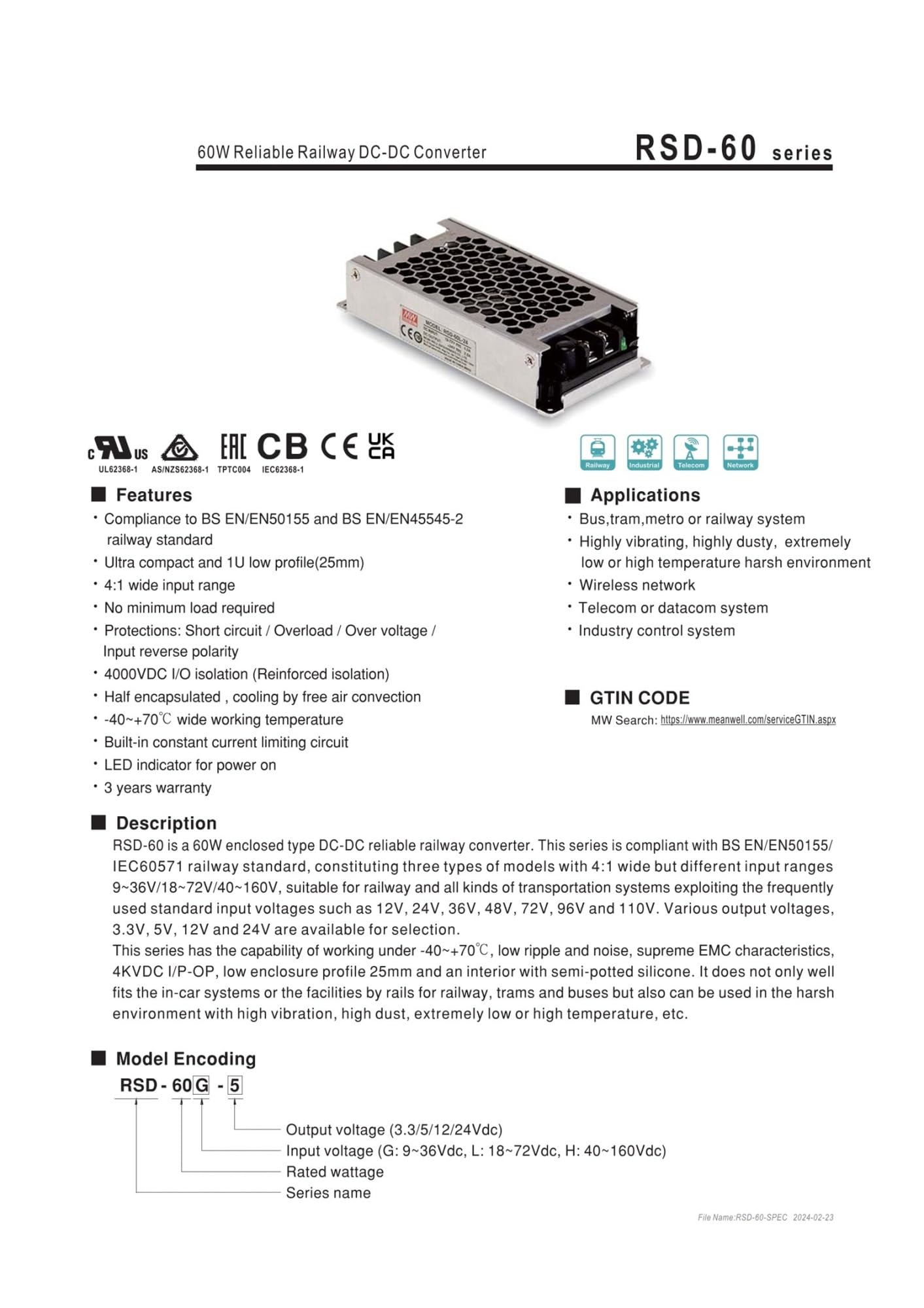 Konwerter DC-DC 60 W RSD-60L-3,3 18-72 RPM 3,3 V RSD-60L-5 18~72 RPM 5 V RSD-60L-12 18~72 RPM 12 V(RSD-60L-24)