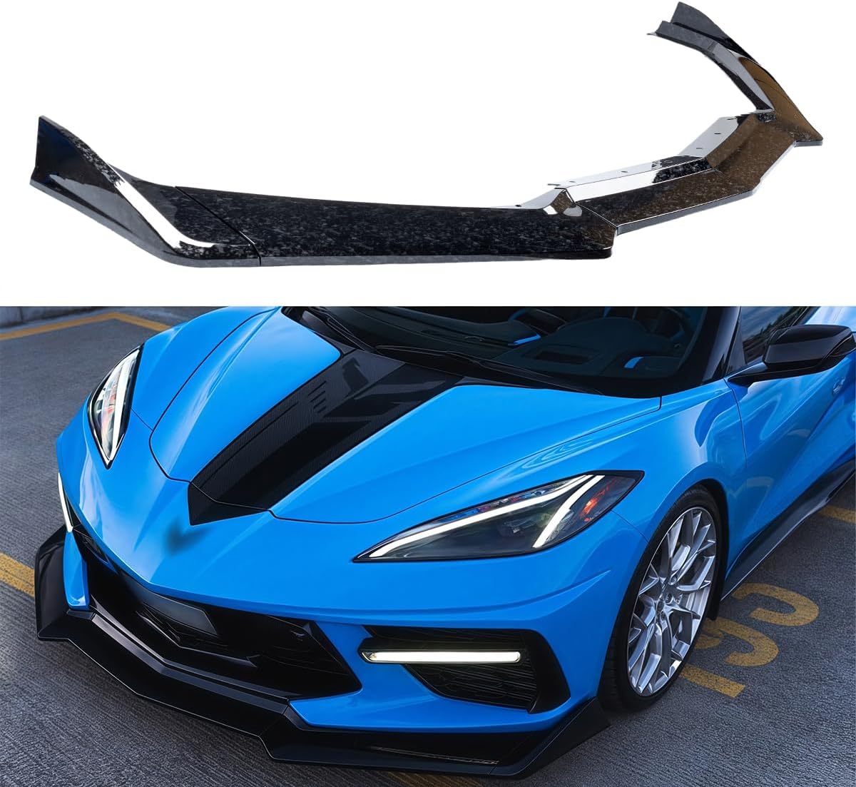 5Pcs Front Lip Compatible with 2020-2025 Chevy Corvette C8 Z51, 5VM Style Bumper Air Dam Lower Chin Spolier Splitter Protection Body Kit (Glossy Forged Carbon Fiber Pattern)