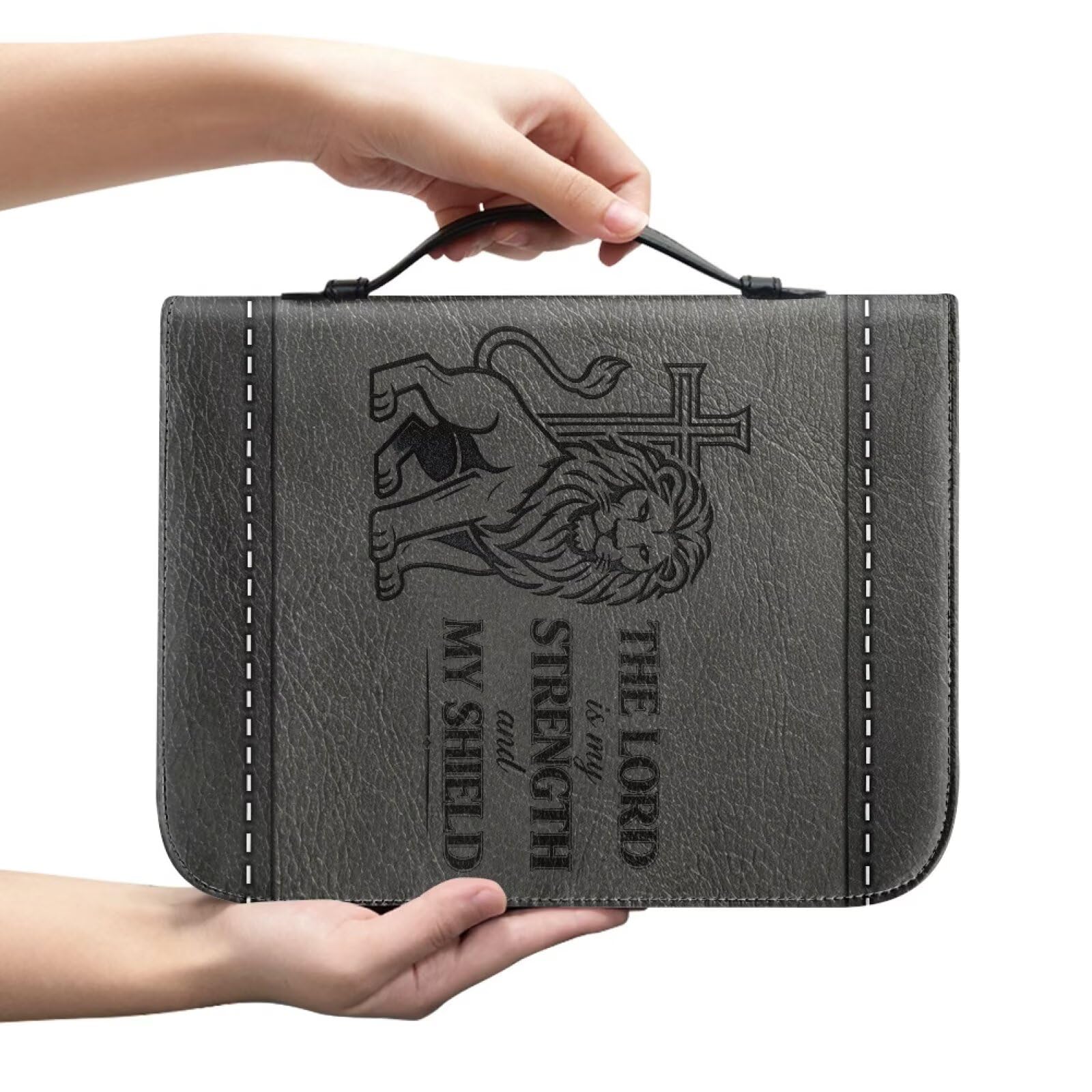 Kuiaobaty Lion Cross Bible Cover for Men, Grey Zipper Bible Bag Carrying Case, Protable PU Leather Bible Covers with Handle, 4 Size — image 1