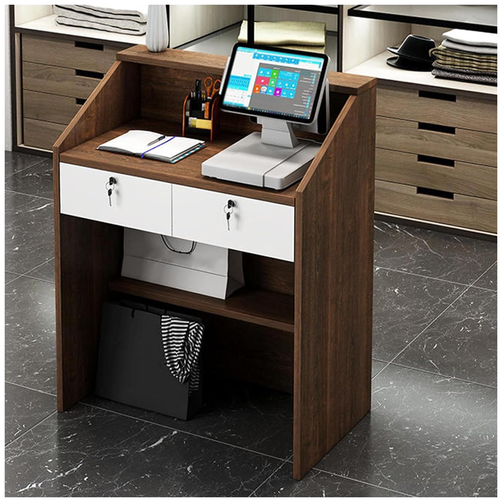 Escritorio moderno de madera de corte pequeño para oficina, clínica y tienda, diseño simple, tamaño compacto 280 x 380 x 920 mm, estación de trabajo funcional y decoración elegante