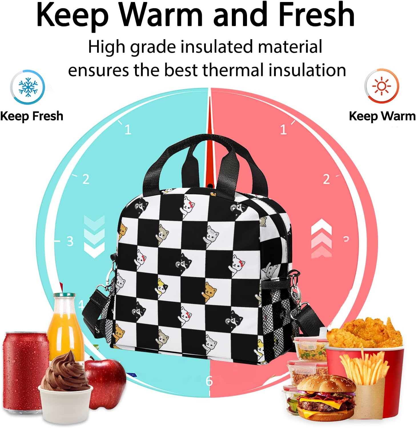 Cats Lunch Bag, Reusable Lunch Box Insulated Meal Tote for Kids Women Men Cooler Bag with Shoulder Strap, Durability of Lunch Tote for Work School Picnic, Plaid Cats…