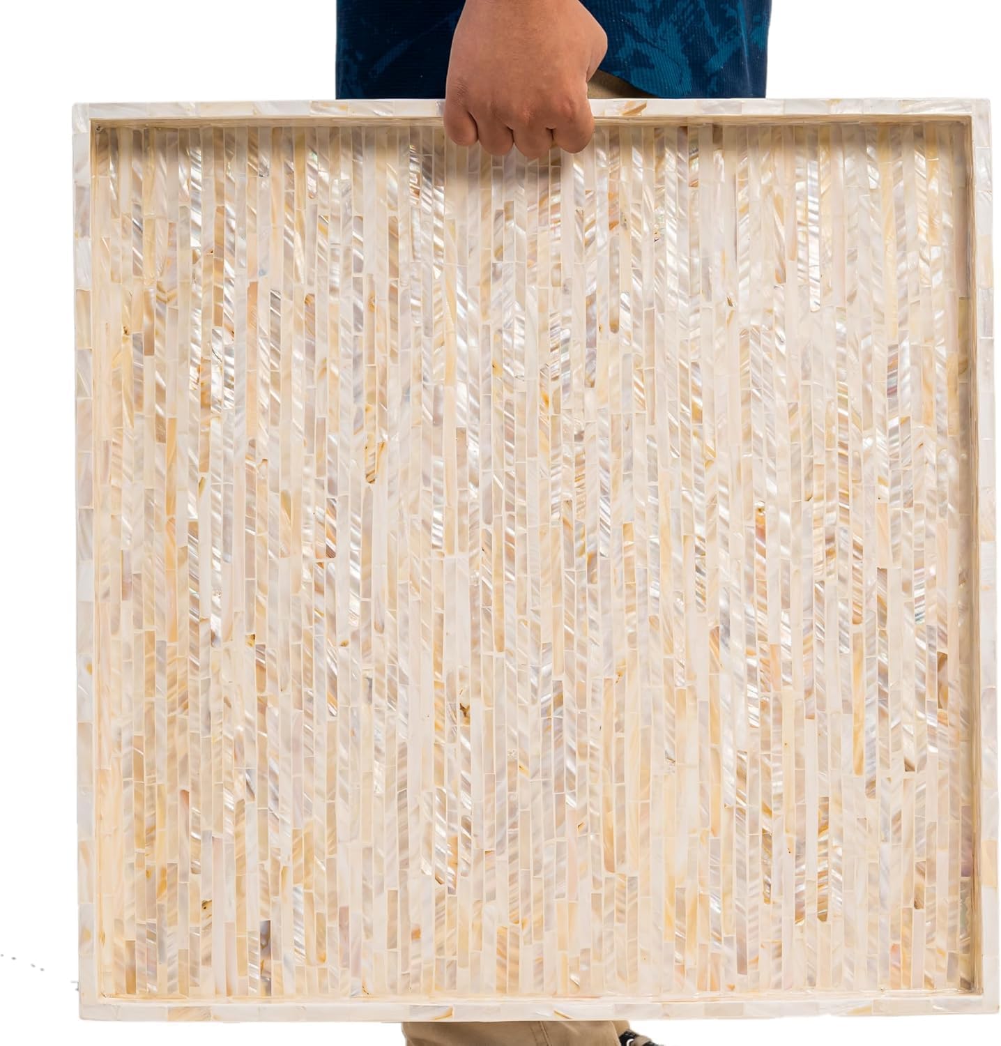 PEMAR Extra Large 20" Square Mother of Pearl Ottoman Tray with Insert Handles, Oversized Decorative Luxury Wooden Serving Tray for Food, Coffee Table, Breakfast in Bed (White Cream)