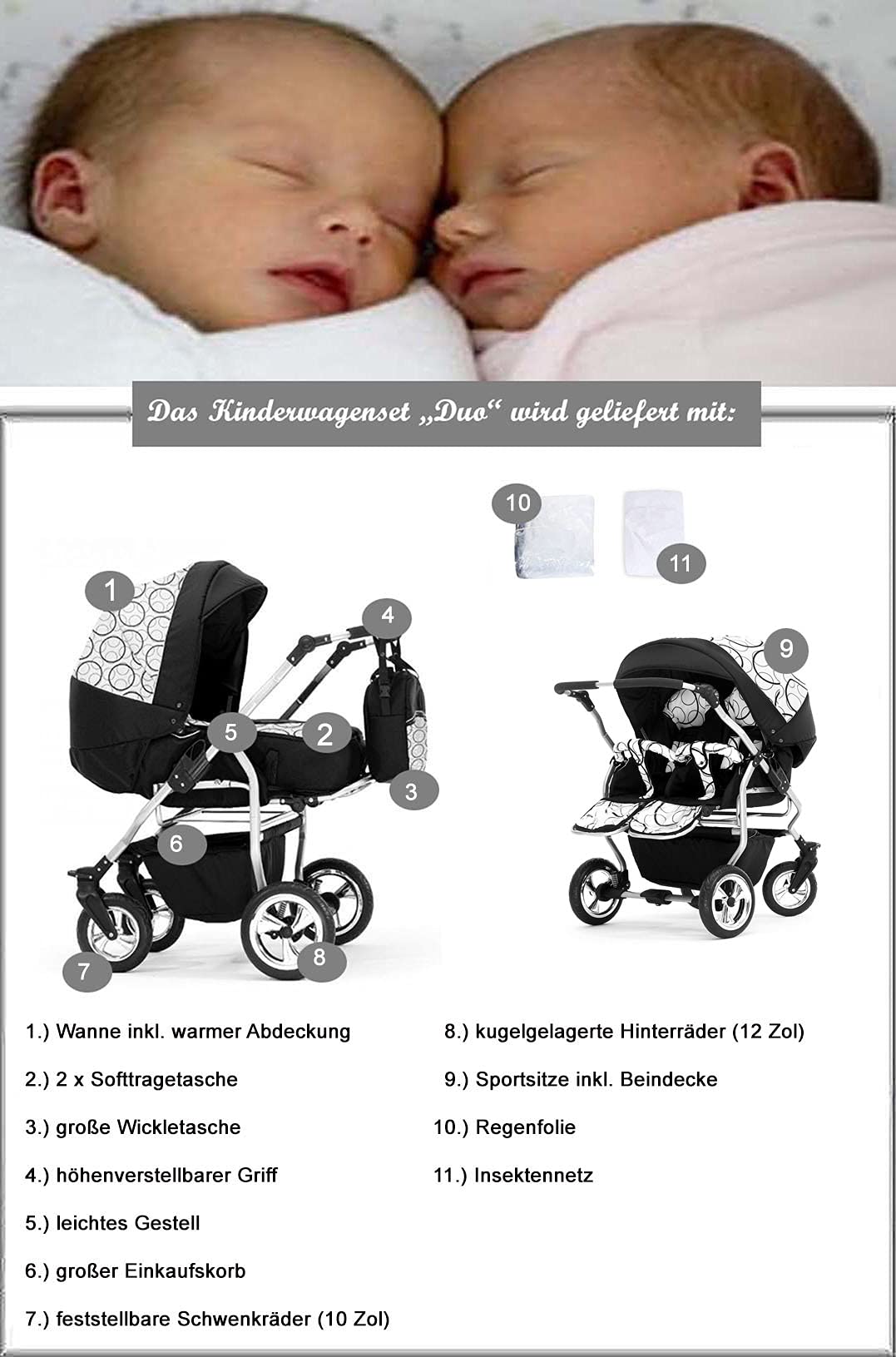 Zwillingskinderwagen 2 in 1 Duo Twin inkl. Sportsitze - 11 Teile - in 20 Farben