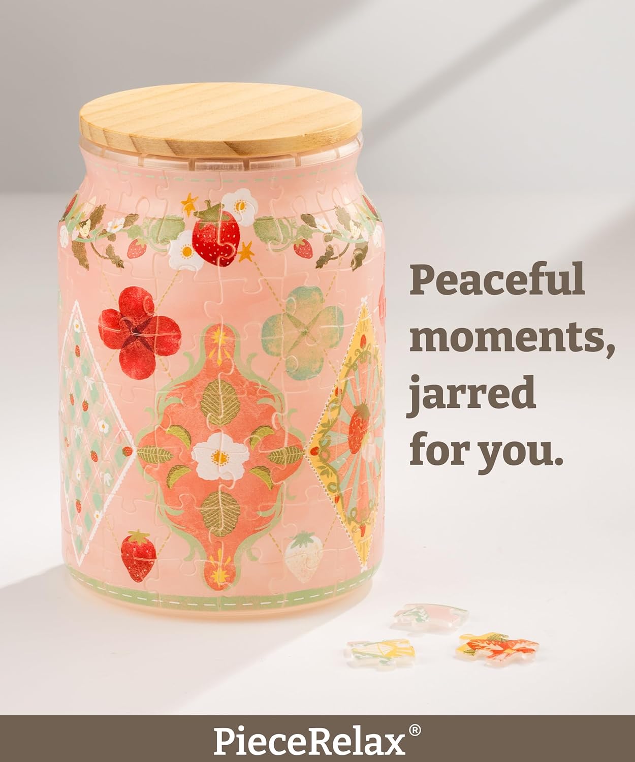 PieceRelax 3D Puzzle Jar 128 Plastic Pieces for Adults - Sweetness of Strawberry Use Includes Divider Pen & Utensil Holder with Wooden Lid Dining,Study Living Room Medium [BA1014] - Image 2