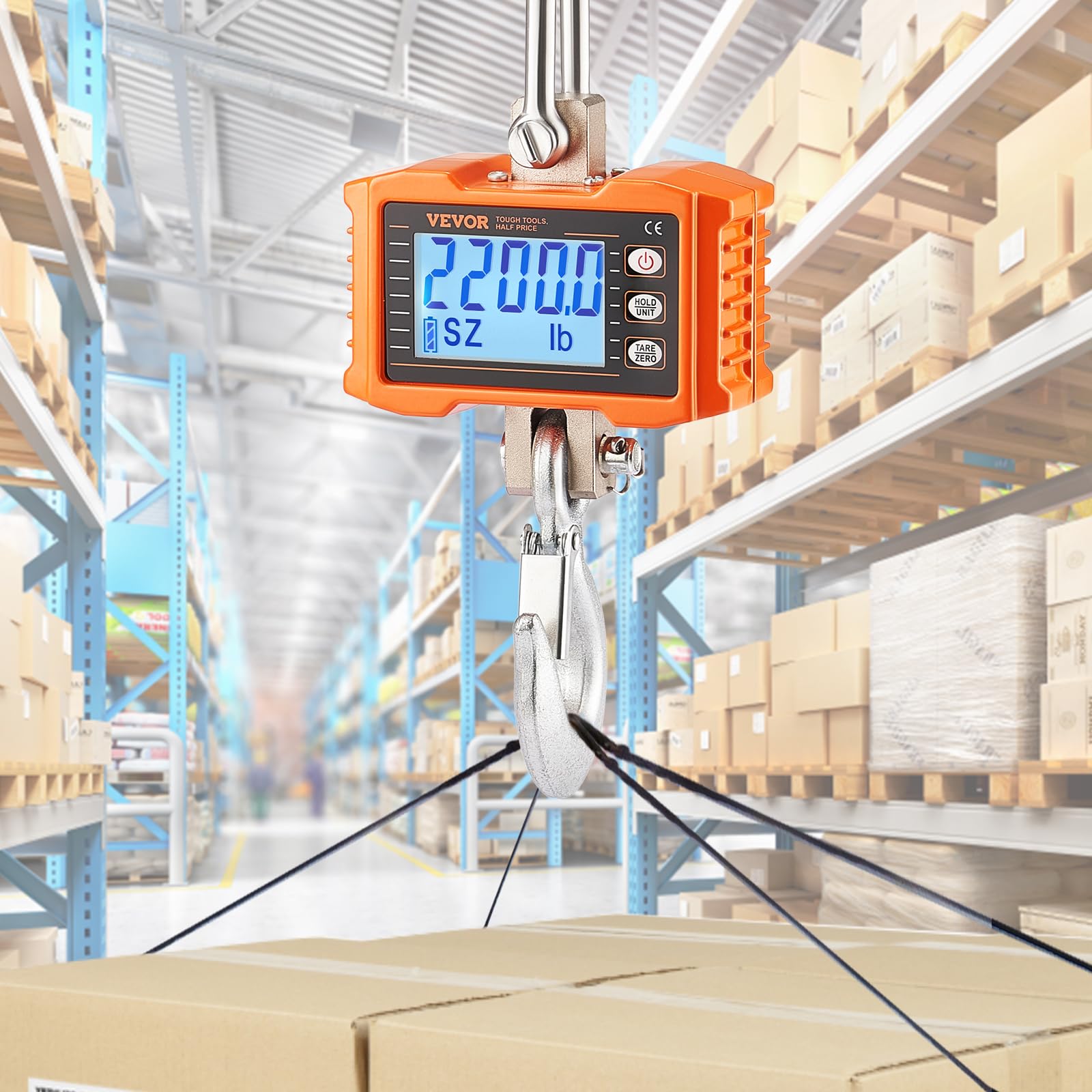 VEVOR Industrielle Hängewaage, 1000 kg, robuste digitale Kranwaage mit Fernbedienung, Lastenwaage, Gehäuse aus Aluminiumguss, hochpräzises LCD-Display für Bau, Fabrik, Bauernhof, Jagd, Orange