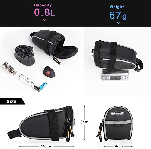 Miniatura 6 de Rhinowalk Bolsa de sillín de bicicleta para debajo del asiento, paquete de almacenamiento para kits de herramientas de reparación con correa