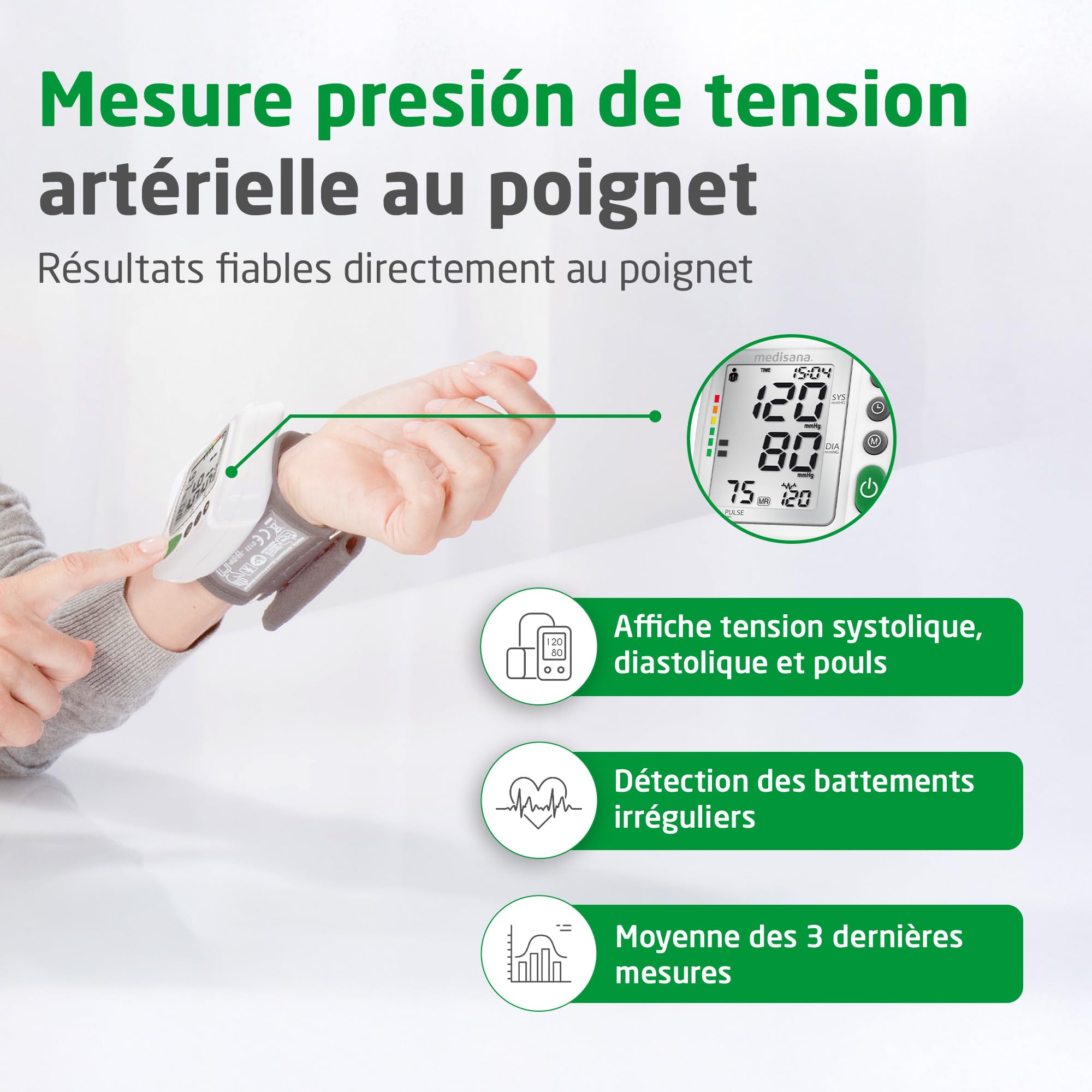 medisana BW 315 Appareil de mesure de la pression artérielle au poignet, Mesure précise de la pression artérielle et du pouls, Fonction de mémoire pour 2 utilisateurs, Détection des arythmies