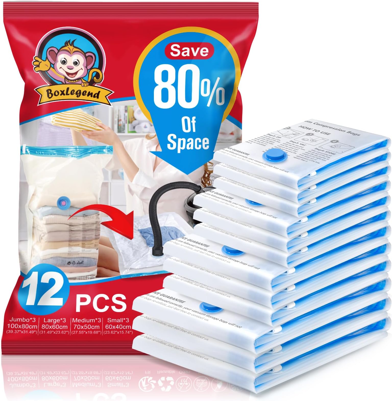 BoxLegend Vacuum Storage Bags Space Saving Bags 12 Pack Thicker Type 80 Microns 3XL+3L+3M+3S Vacuum Bags Double Zip Seal & Leak Valve Reusable for Clothes Comforter Bedding Pillow