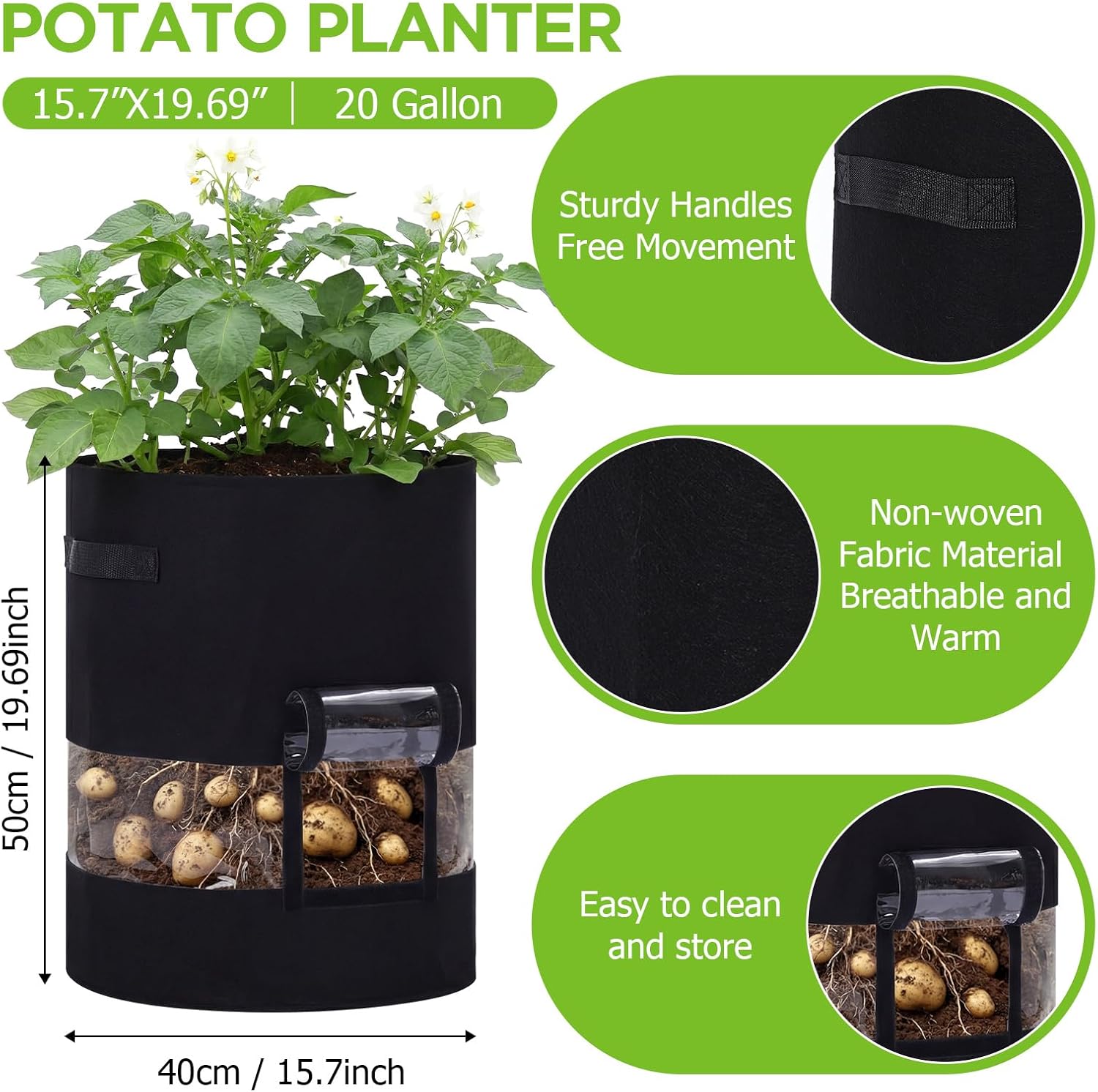 Baderke 2 Pack Visible Potato Grow Bags with Harvest Window, 360 Visibility Plant Grow Bags with Handles for Planting Potatoes, Tomatoes and Vegetables (20 Gallon) - Image 2